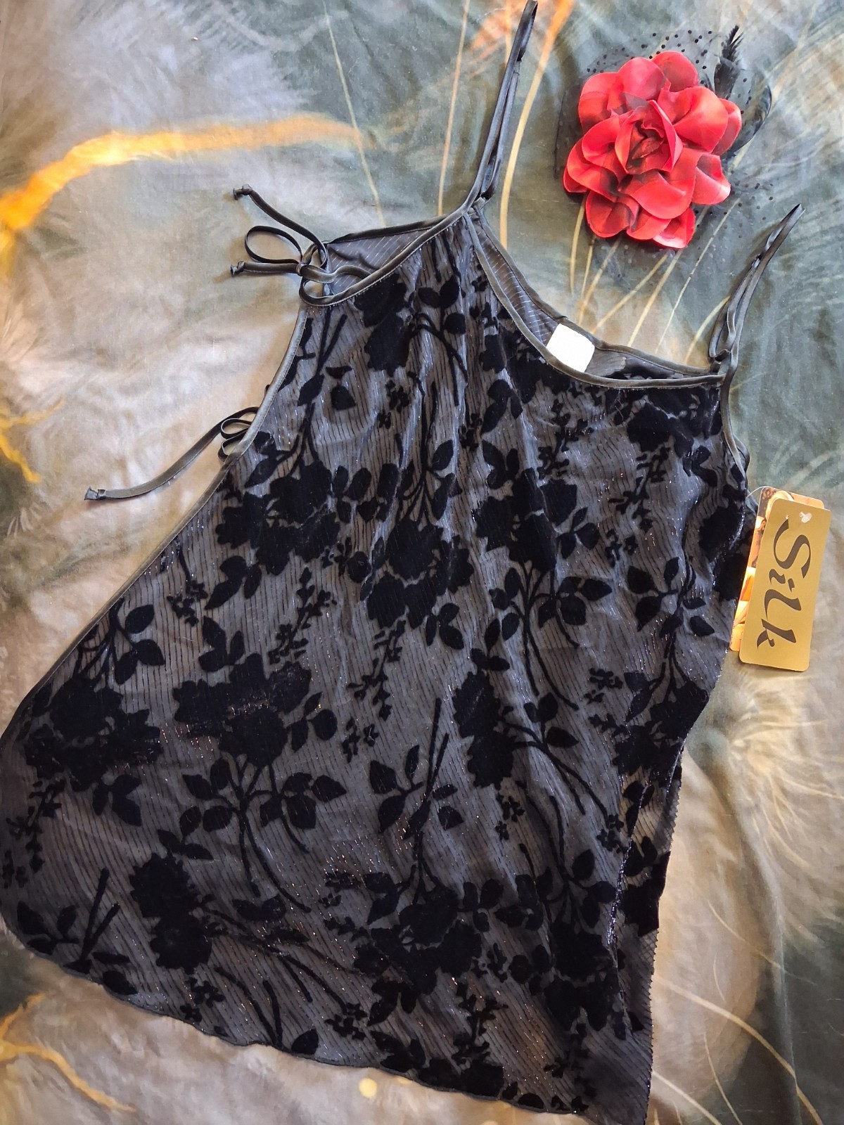 Vintage Shirley Of Hollywood Lingerie Large Black Silk Open Tie Babydoll New Y2K
