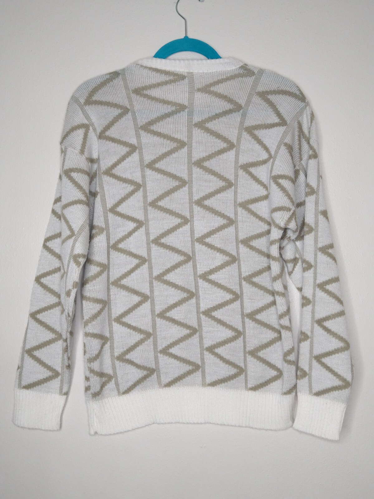 Vtg Acrylic Geometric Sweater Knit Crew Neck 80s 90s S Retro White Tan Preppy