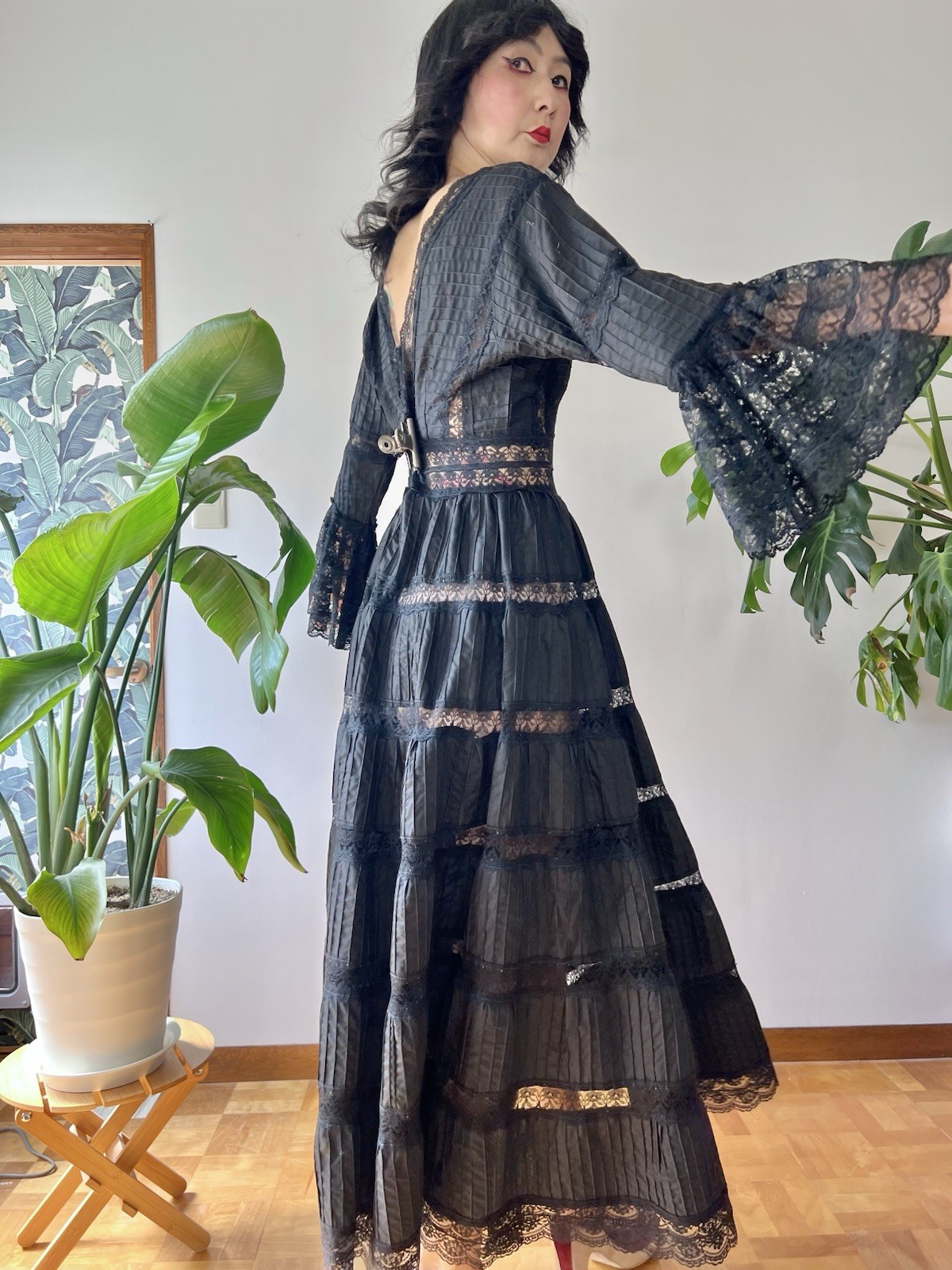 VTG 60s Mexican Wedding Dress Black Lace Pintuck Bell Sleeve Maxi S/M Boho Hippy