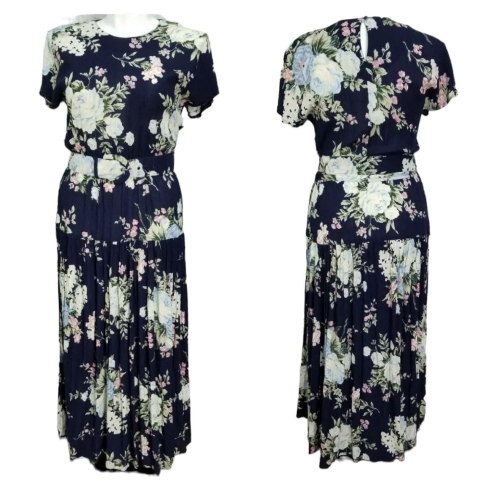 Vintage 90s Ansley Navy Blue Floral Maxi Dress Rayon Pleated Skirt Belted USA 12
