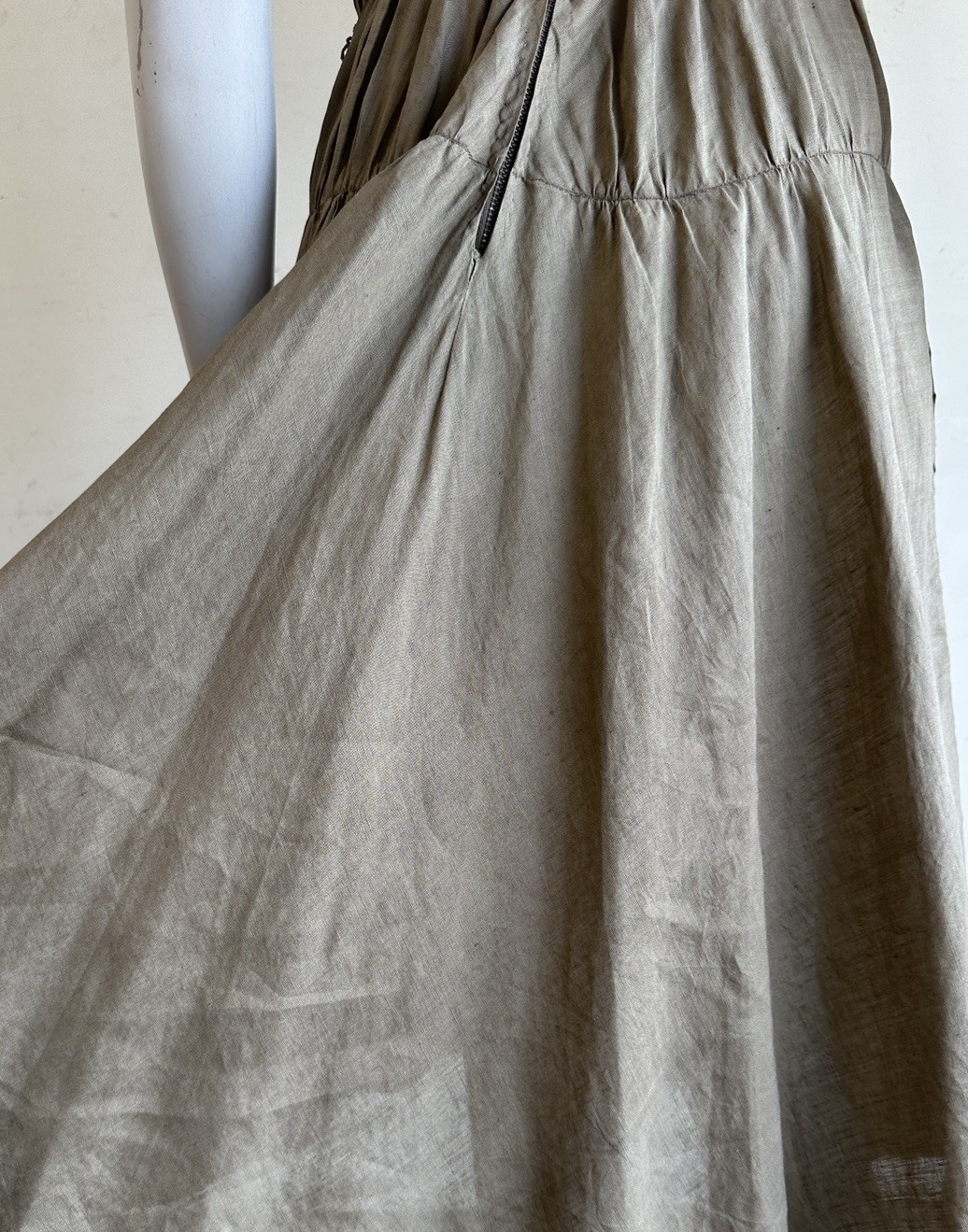 1940s 1950s Olive Green Dress Peter Pan Collar Rayon Linen Feel