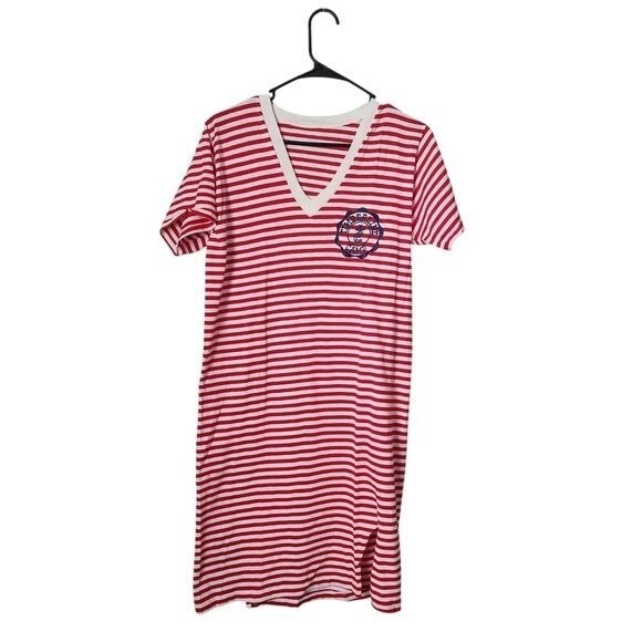 VINTAGE 70s TIMBERLINE CAMP Red White Stripe Tee Dress V Neck Sailor Nautical S