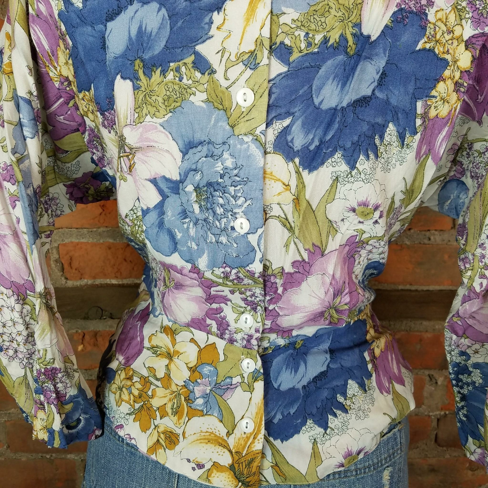 Vintage Womens Blouse FloralPrint White w/LilacBlueGreen Dolman Sleeves Size 12
