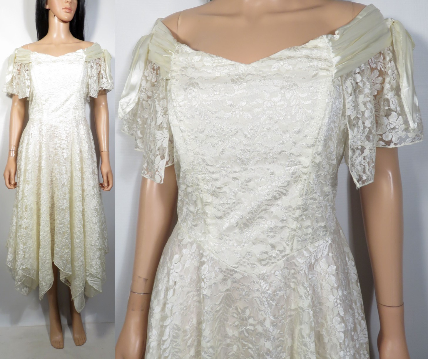 Vintage 90s Ivory Lace Dress With Handkerchief Hem And Satin Details Size 26/27