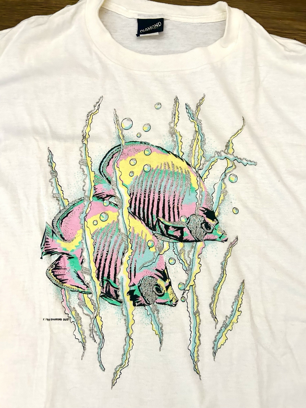 80s Single Stitch Crop Top T Shirt Diamond Dust Glitter Tropical Angel Fish USA!