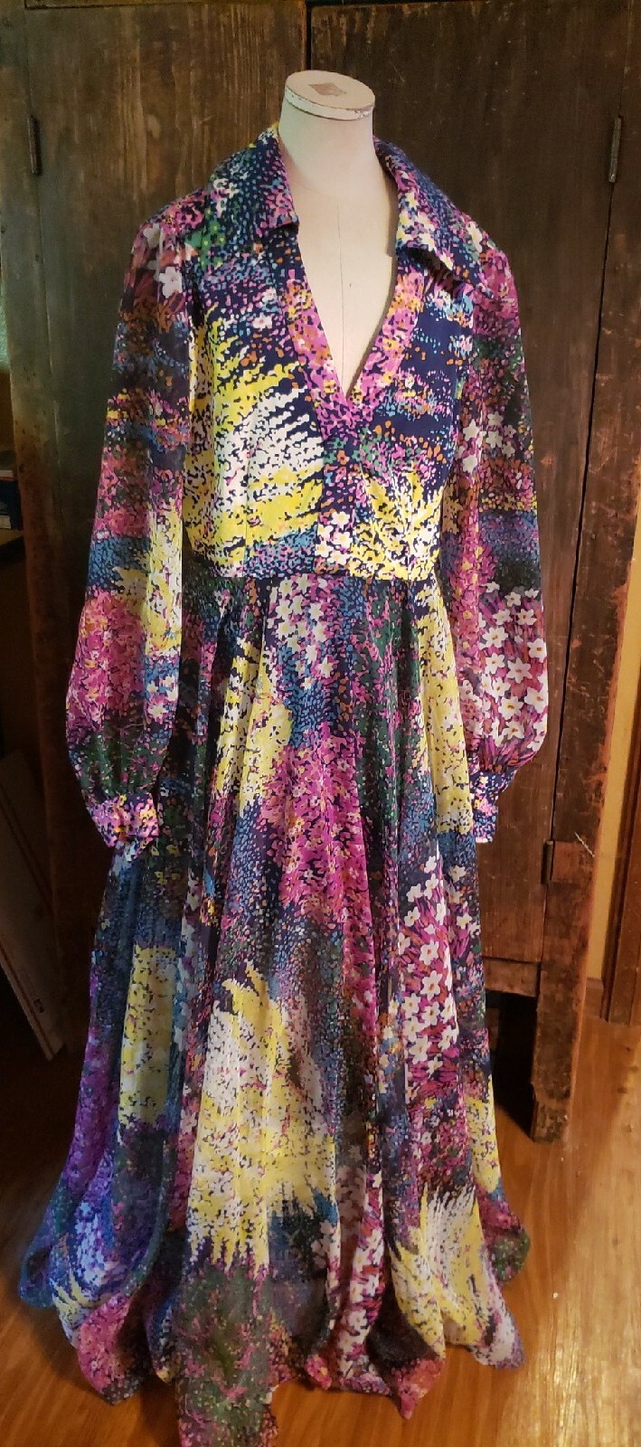 Vintage 1960s Don Luis De Espana multi Color floral Garden Chiffon Maxi Dress