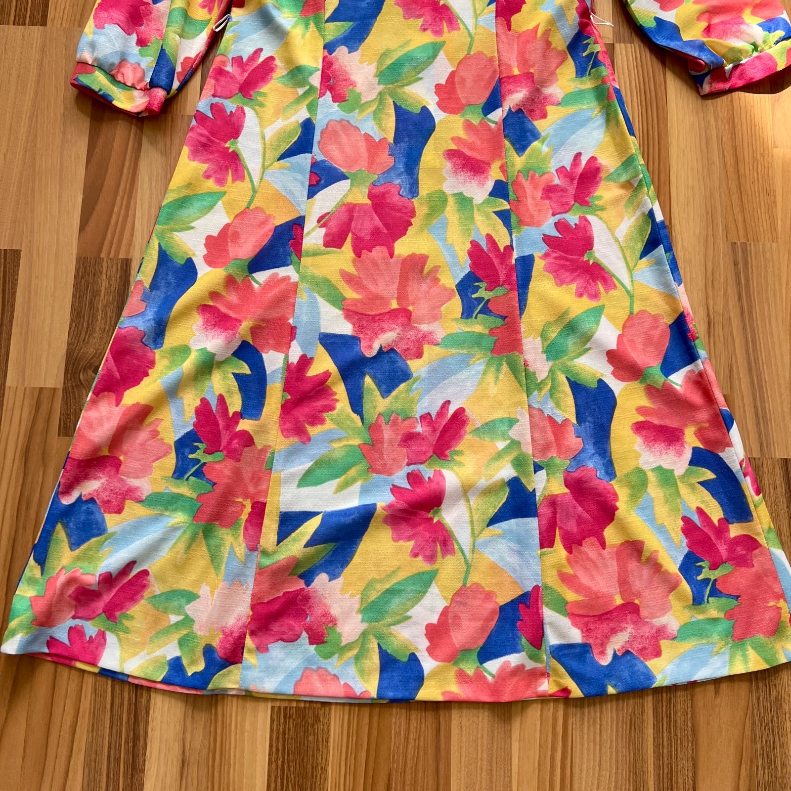 1970s Floral Button Front Midi Dress Belted Long Sleeves Aline Plus Size EU 42