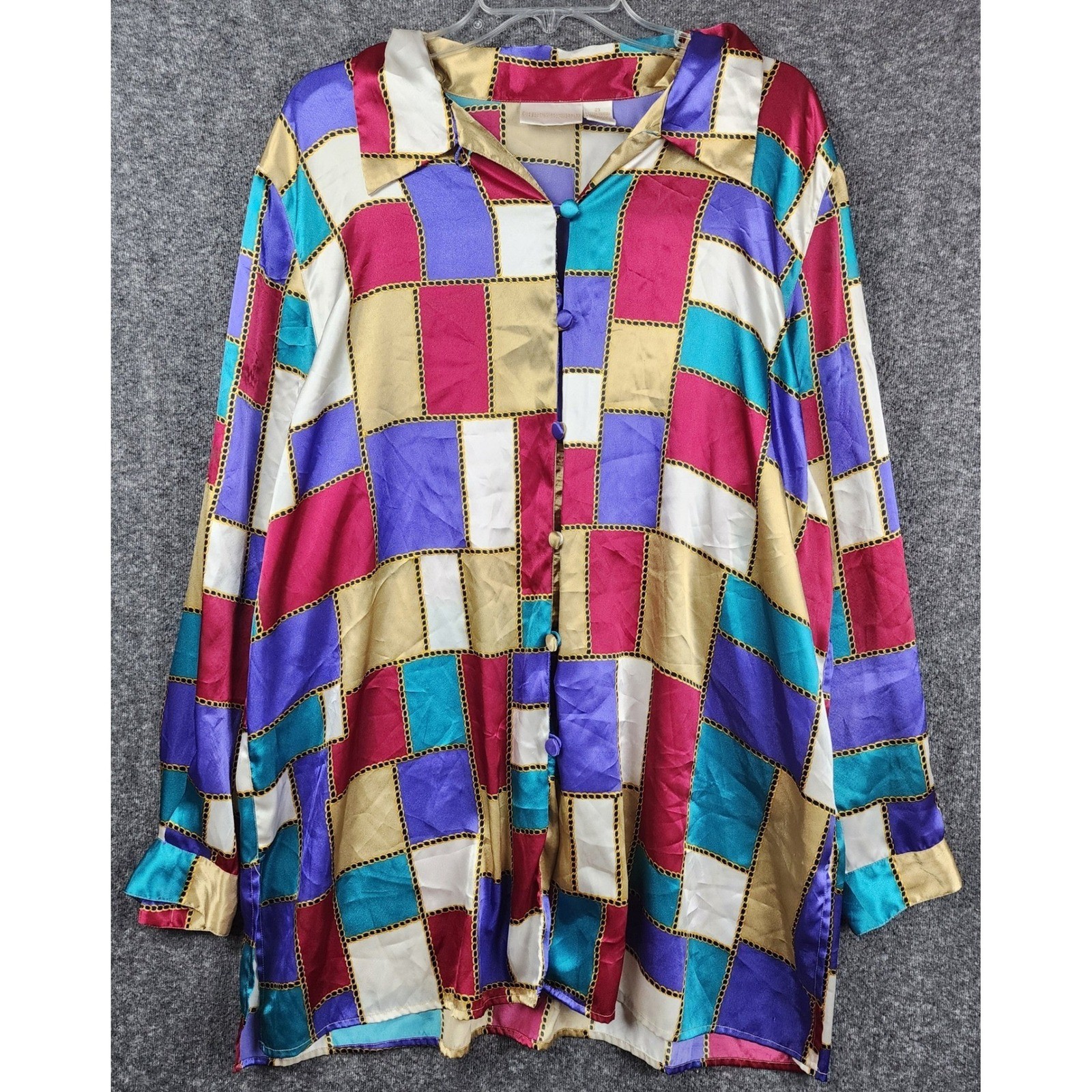 Christie & Jill Button Down Blouse Womens 2X Multicolor Chain Geometric Vintage