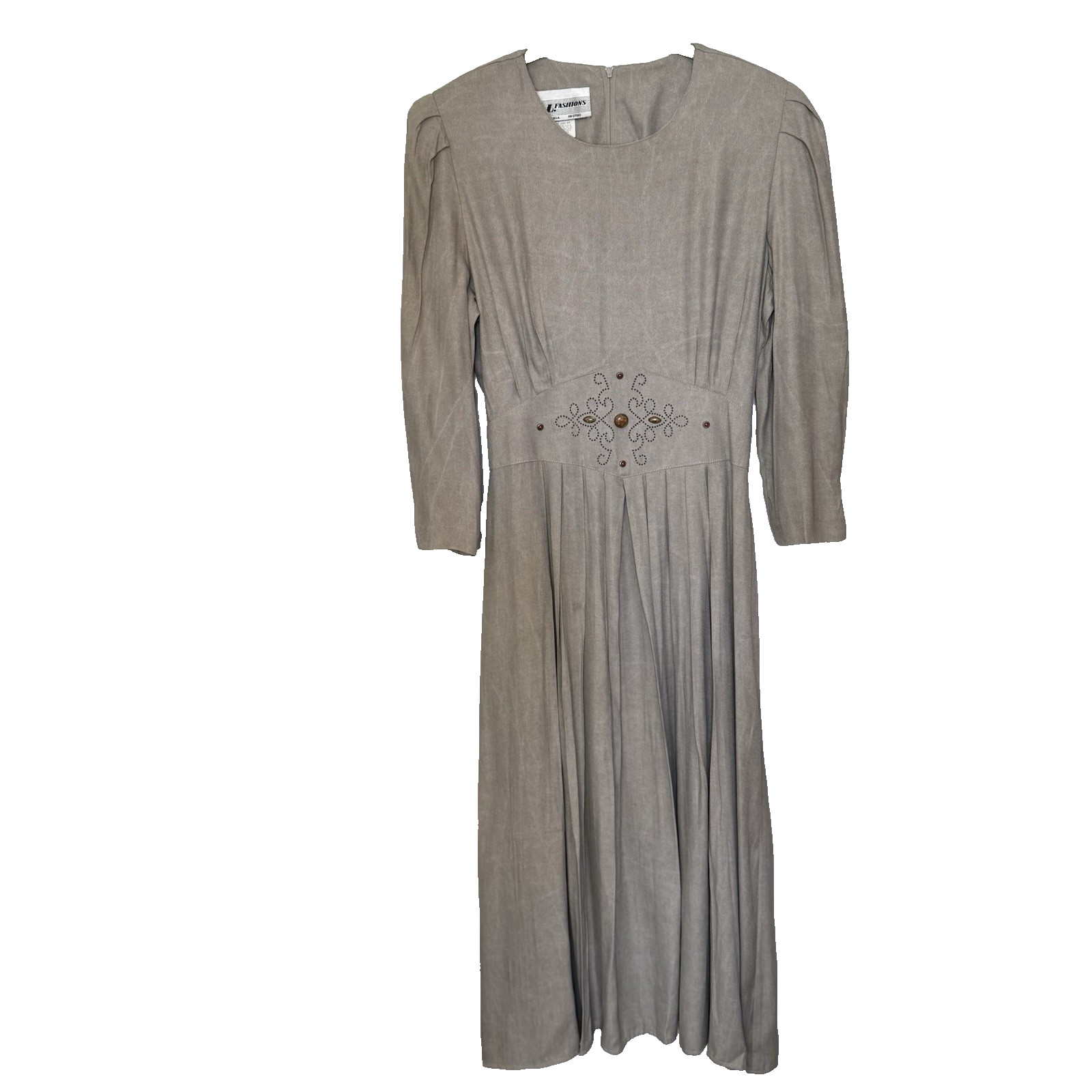 Vintage Pleated Dress Prairie Western Size 10 Taupe Tan S.L Fashions USA Made