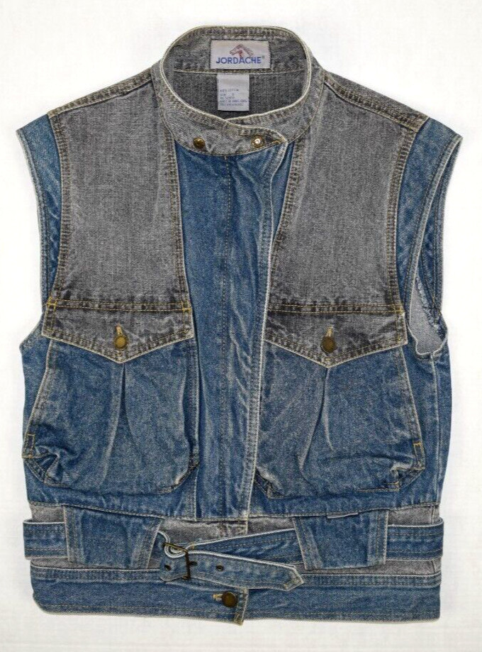 Vintage Jordache Denim Vest Size S/M 80s Belted 2 Tone Blue Wash Gray Denim Yoke