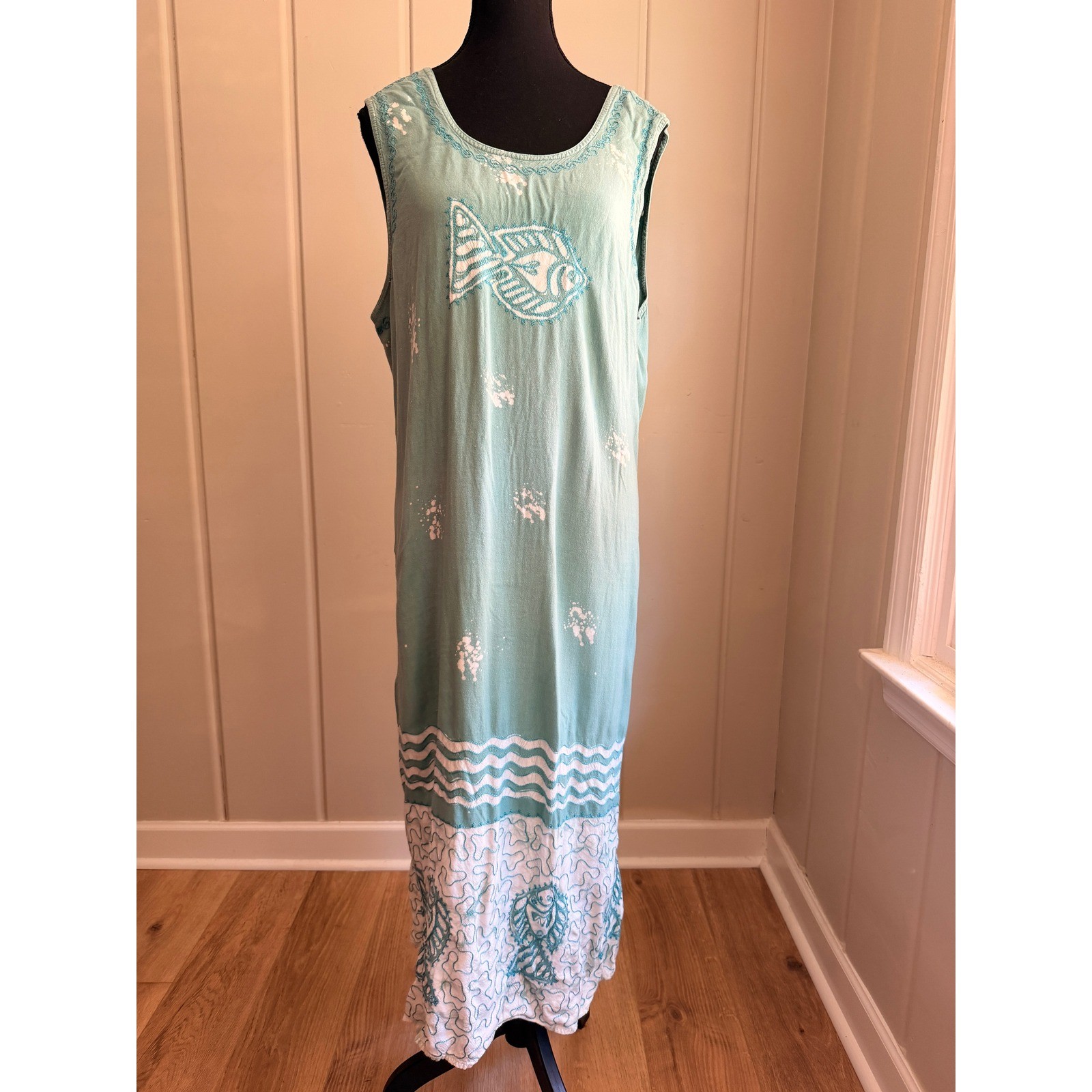 Vintage 90s Flower Rayon Fish Batik Embroidered Maxi Dress Blue XL Bohemian Boho