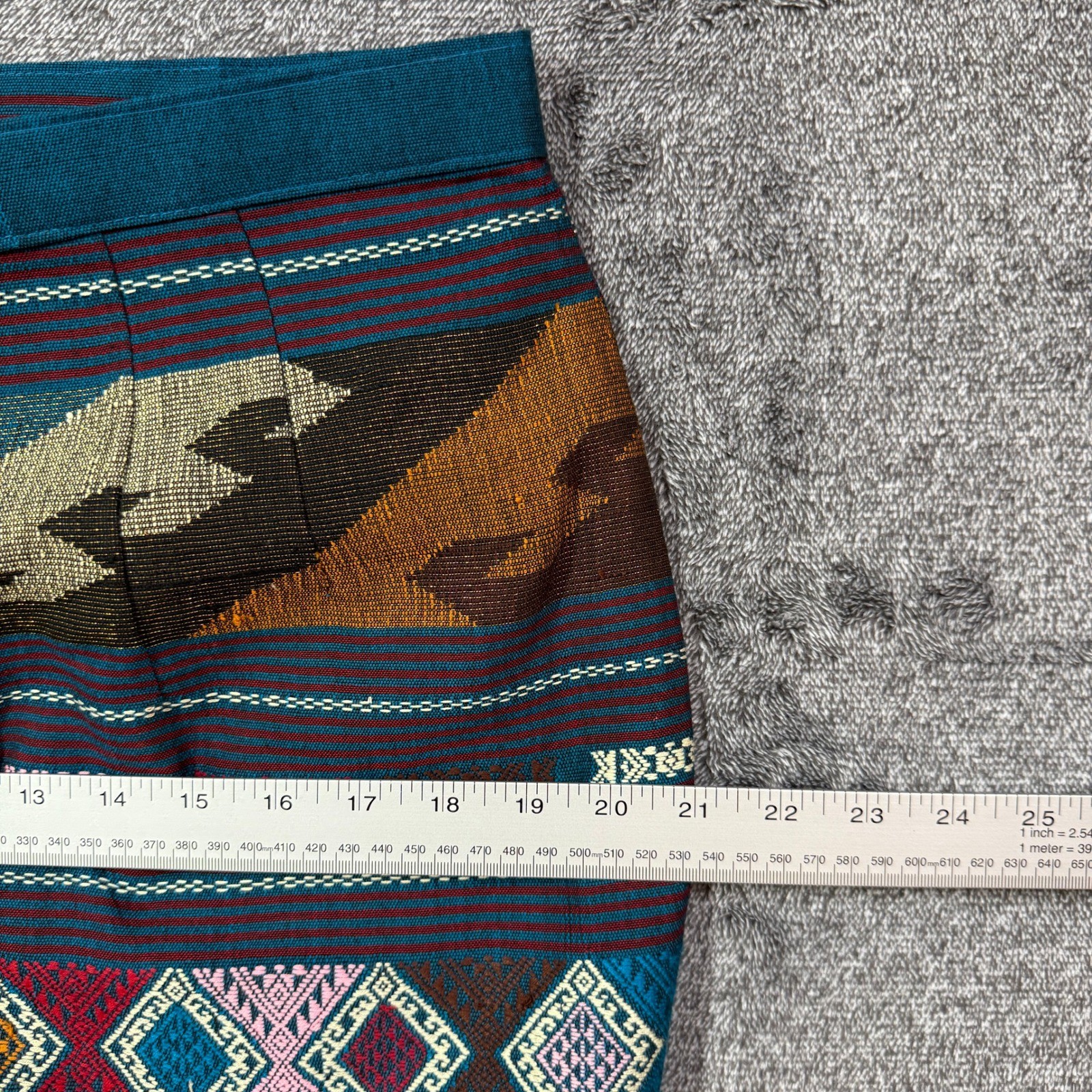 Vintage Woven Tribal Geometric Maxi Skirt Teal Multi Color Column Skirt Size 34