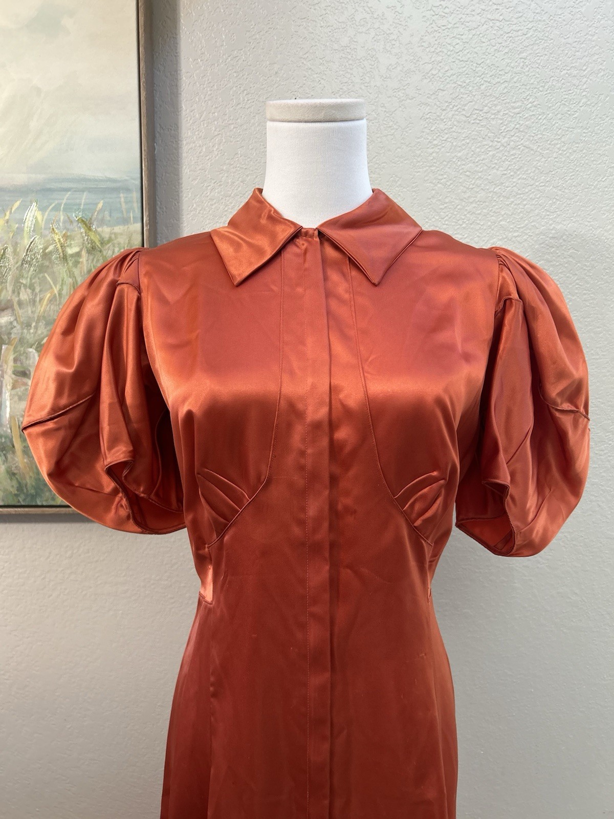 Vintage 1930’s Burnt Orange Satin Puff Sleeves Maxi Dress Dramatic XS/S