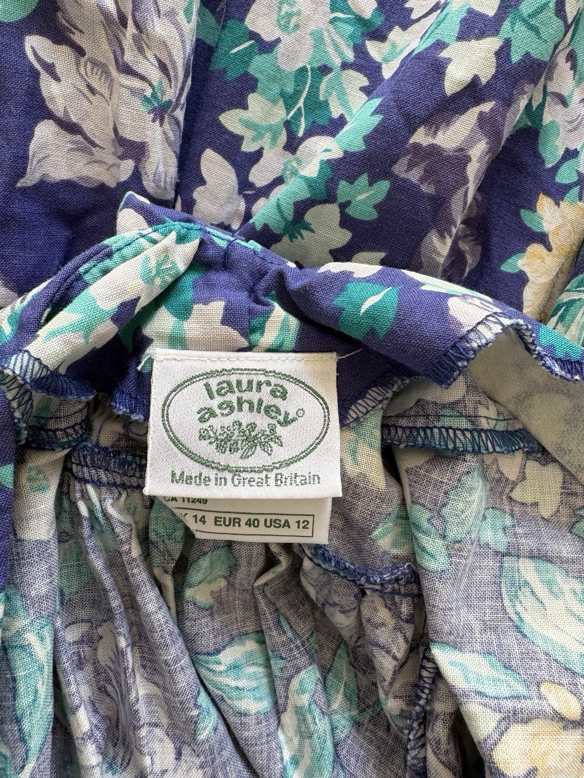 Laura Ashley Vintage Blue Floral Puff Sleeve Midi Dress UK 14 US 12 Cottagecore