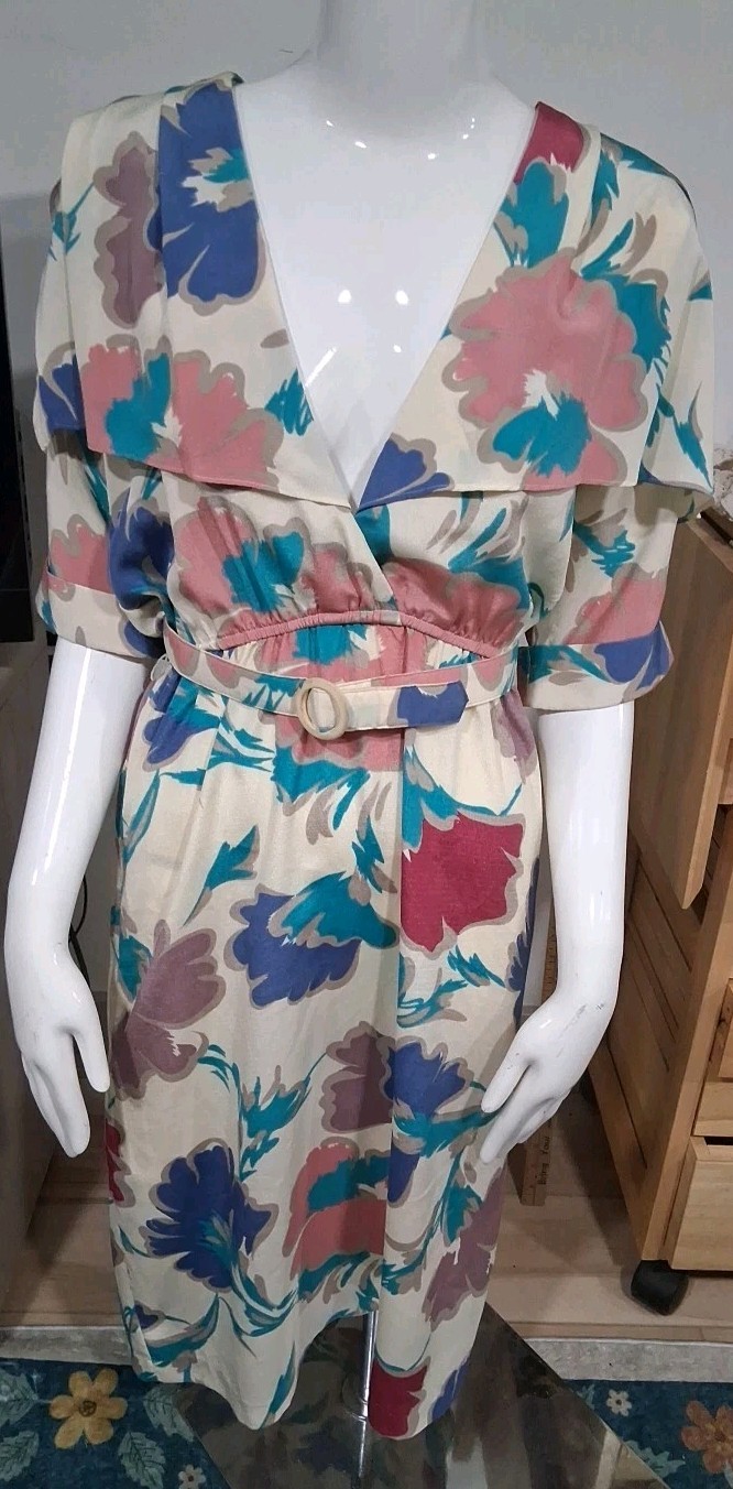 Vtg 80s 90s Bold Floral Print Midi Dress Business Casual Belt Nina Piccalino