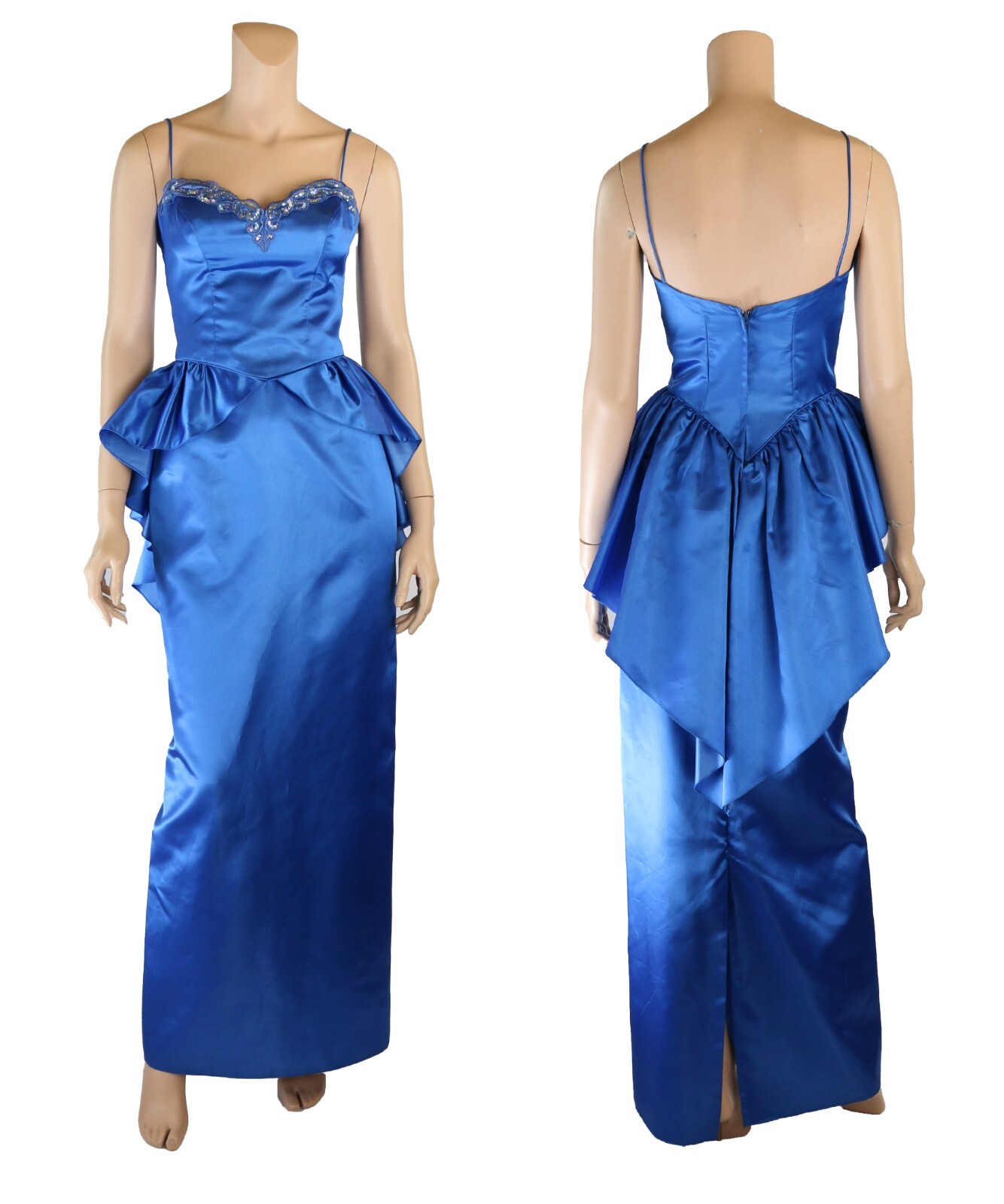 Eve of Milady Vintage 80s Blue Satin Sequin Peplum Prom Party Dress sz 5/6