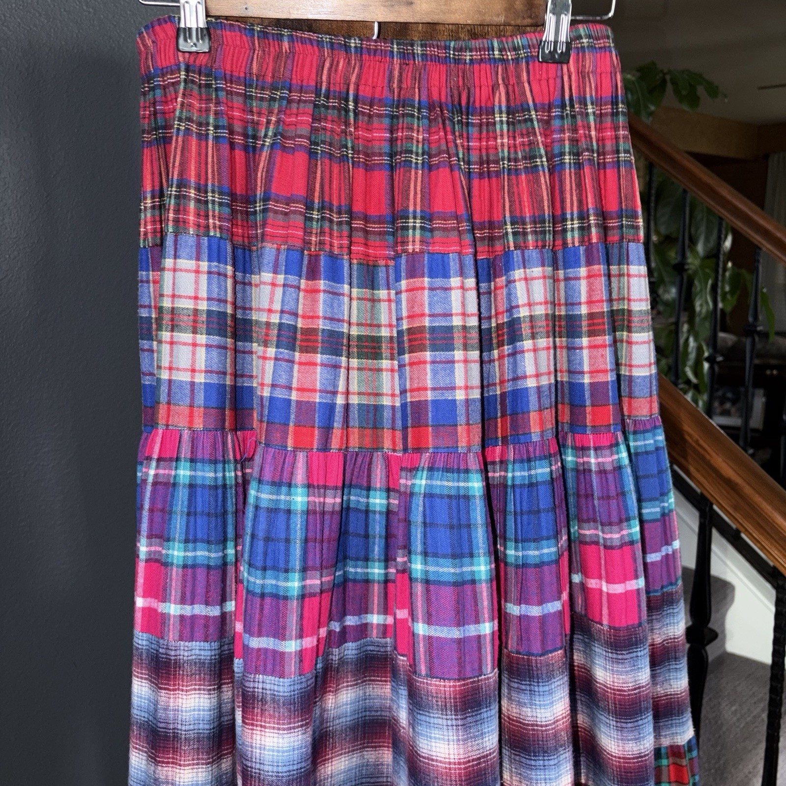 VTG Tour De France Plaidwork Maxi Skirt 100% Cotton Indie Grunge Elastic Waist