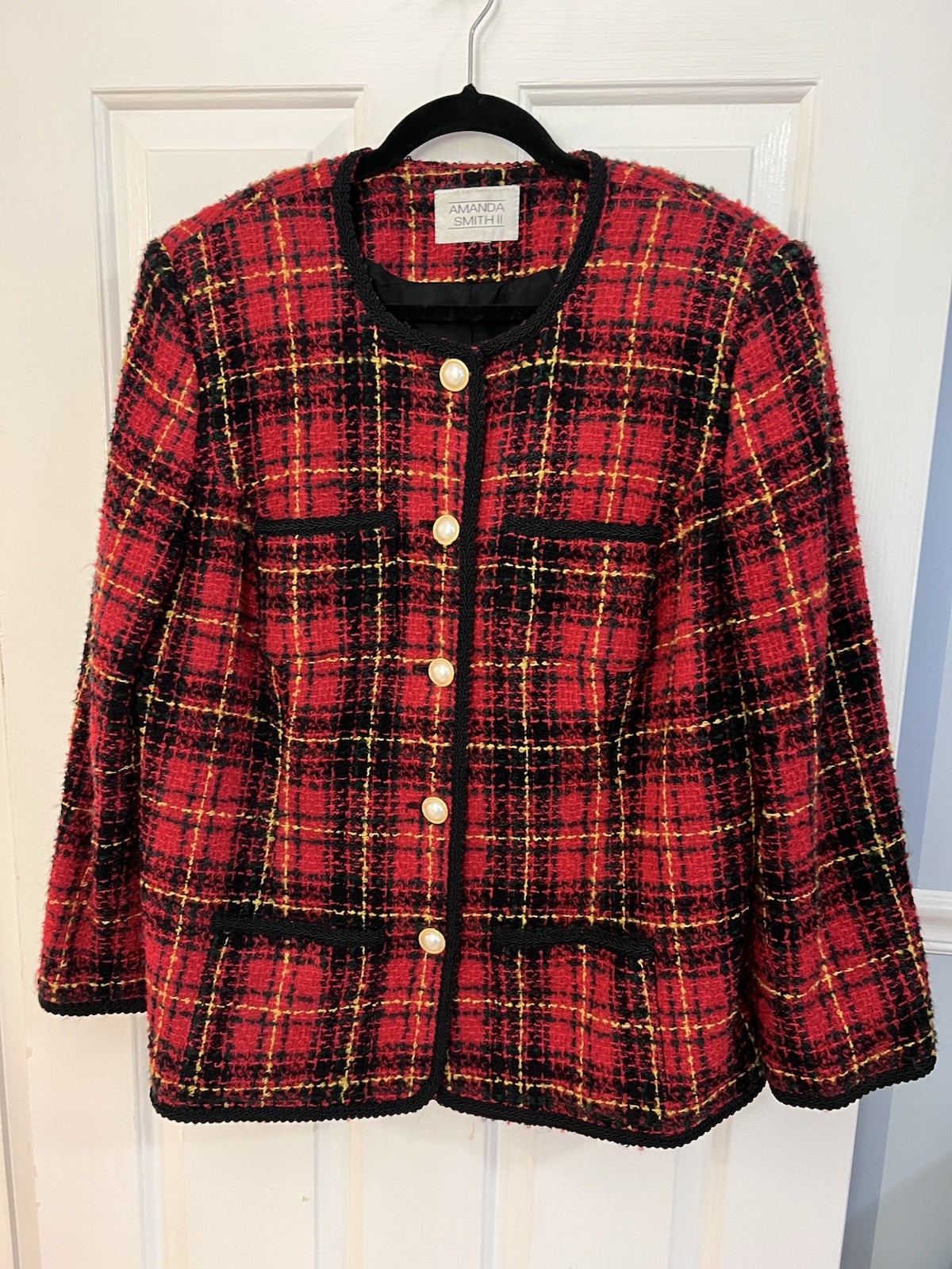 Vintage Amanda Smith Plaid Tweed Blazer Pearl Buttons Size 16W Plus Preppy 90’s