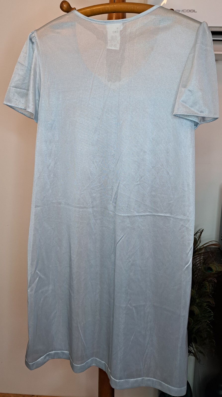 Simply Basic Blue Nylon Nightgown Short Sleeve Lace Trimmed Yoke 34″ Bust Medium