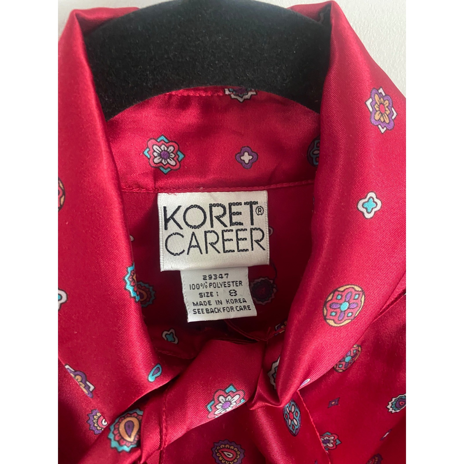 Vintage Koret Career Red Satin Tie Neck Blouse 80s Foulard Print Size 8 29347