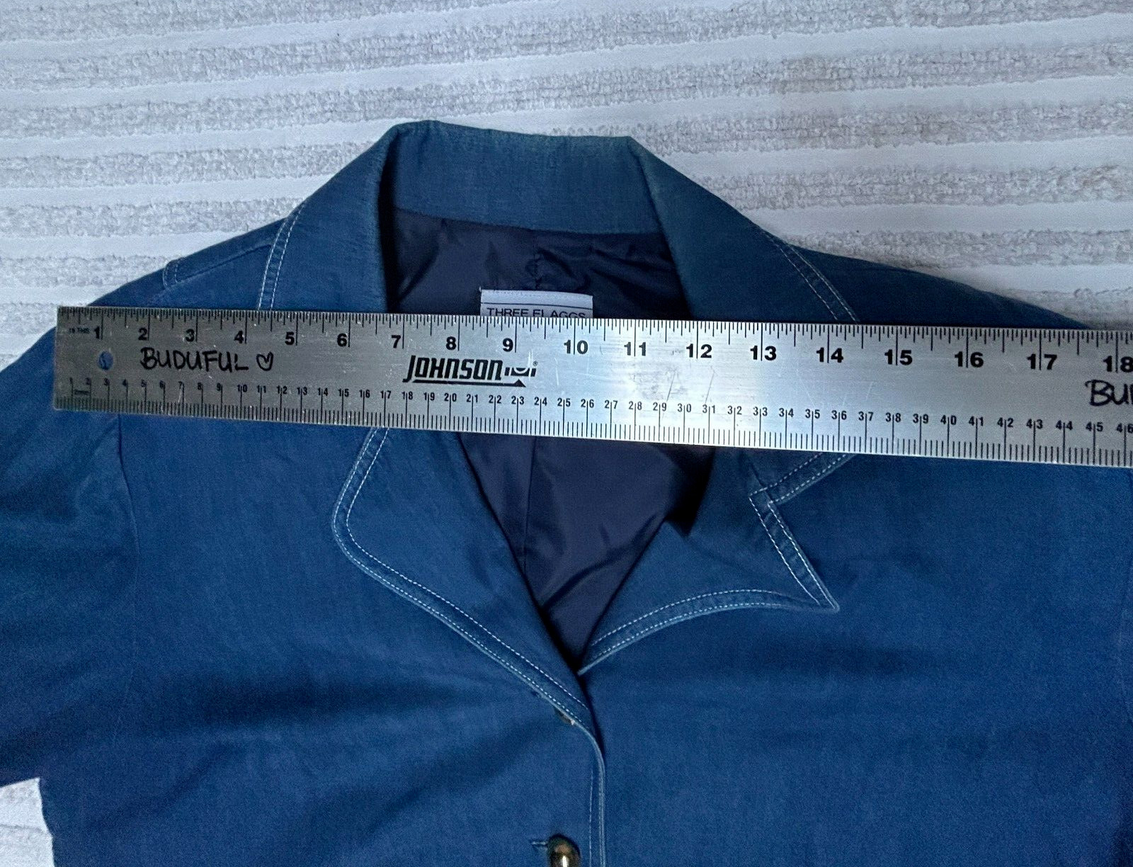 Vintage Three Flaggs Womens Denim Blazer Jacket Size L/XL Blue Casual Buttons