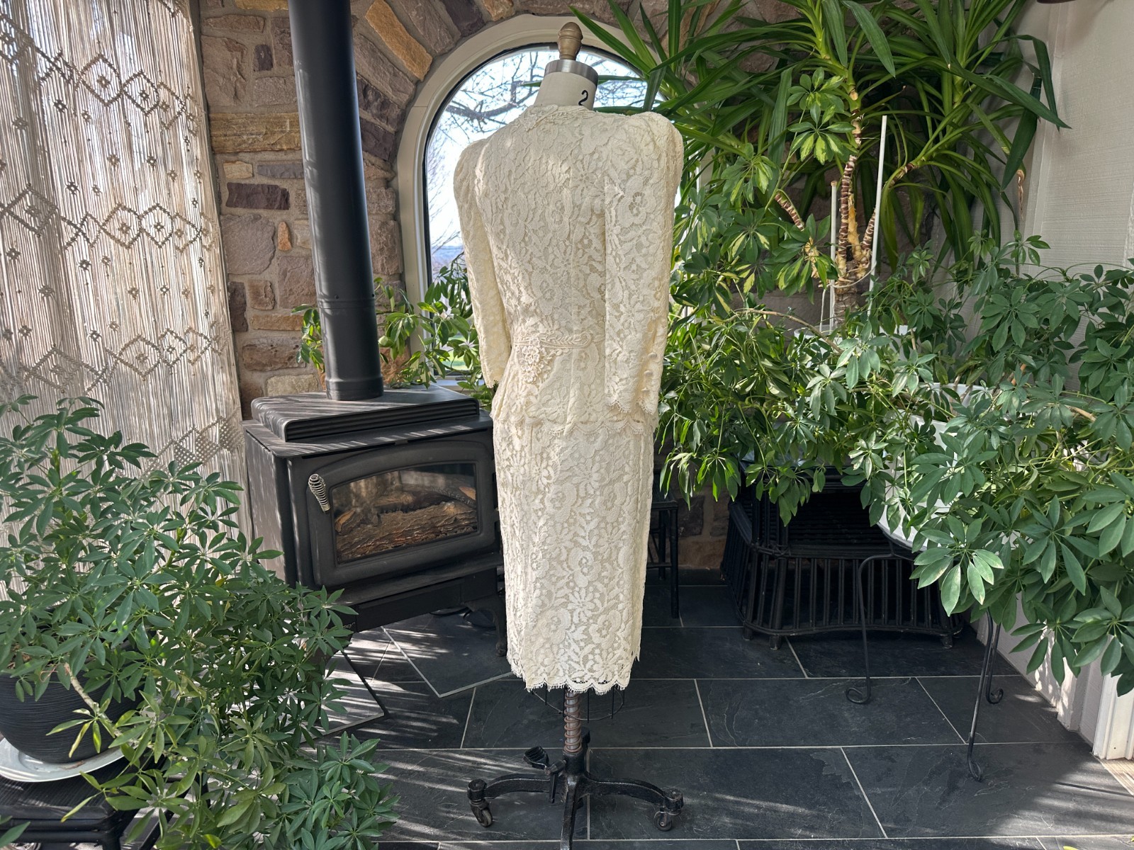 Vintage 1980s Greg Adams Formal 2 Piece Ivory Lace Bridal Wedding Suit