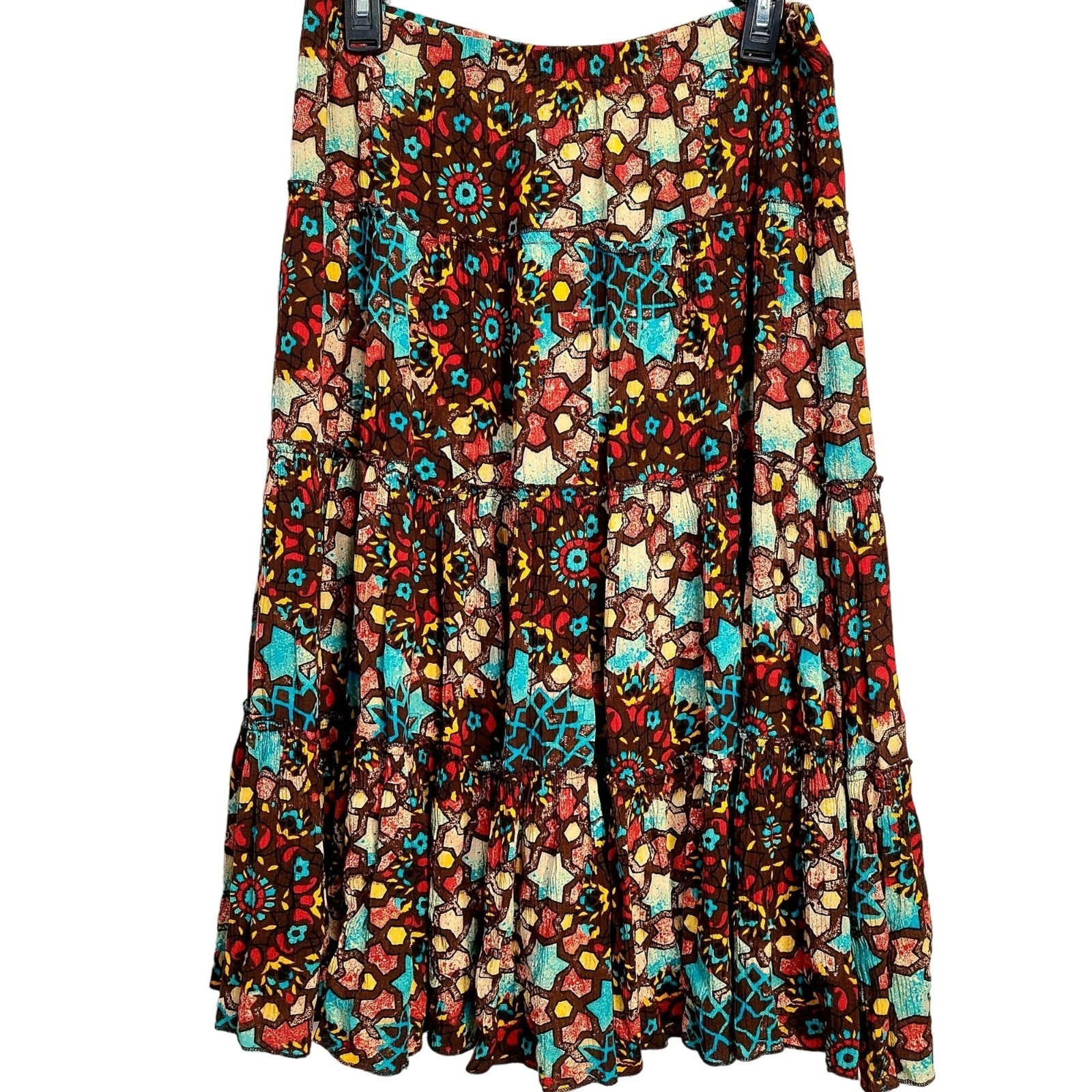 Vintage 90s Colorful Boho Set Women Medium Button Top Shirt Midi Skirt 8 10 Star