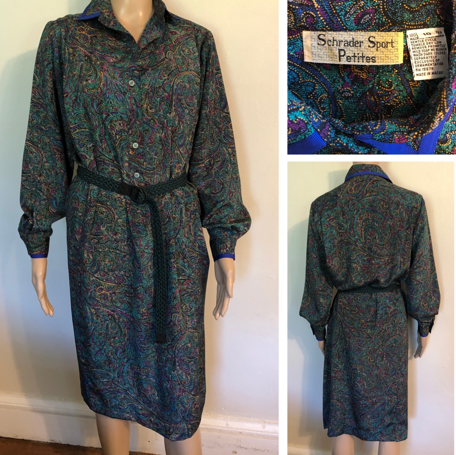 vtg SCHRADER SPORT Secretary Dress Sz 10 Polyester Remov Belt Silky 70s 80s