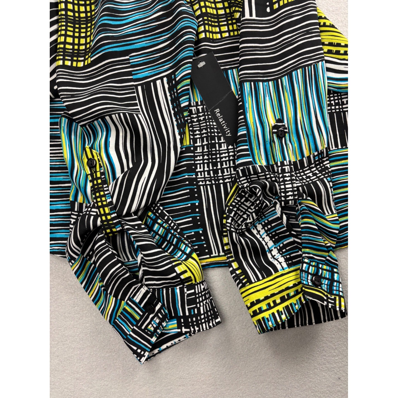 Relativity Womens XL Blouse Button Front Shirt Geometric Line Print Roll Tab NWT