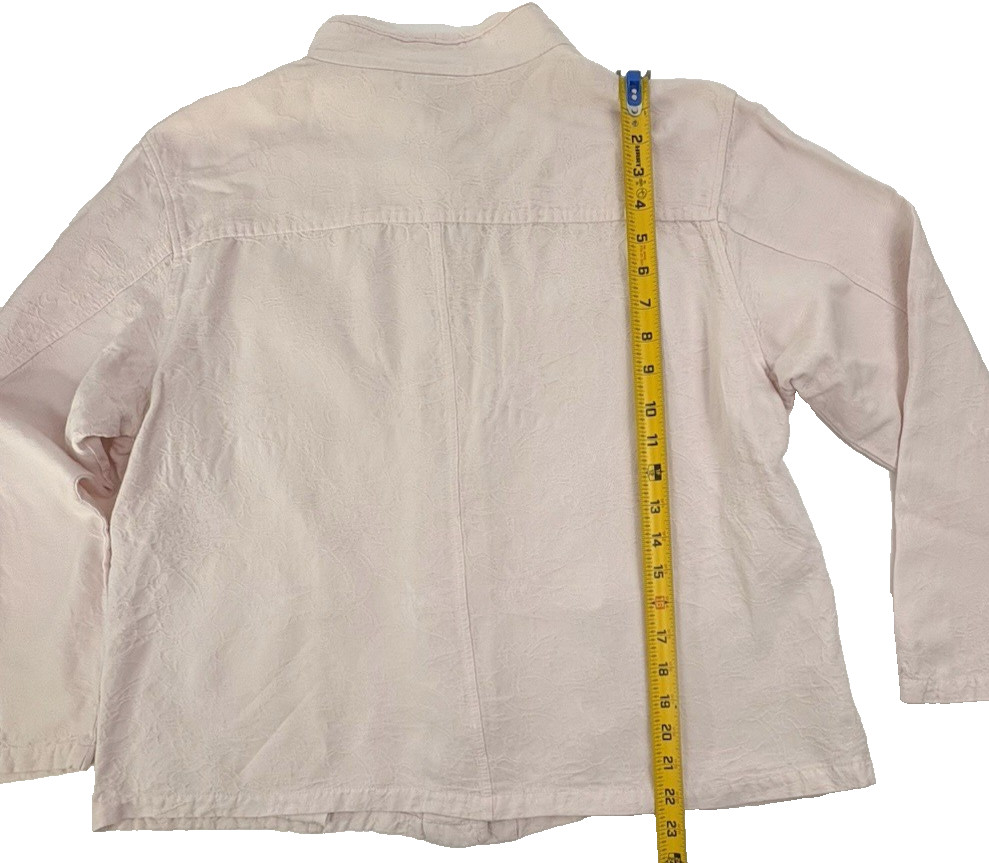VTG Chico’s Design Linen Blend Jacket Pastel Pink Embossed Mandarin Collar L 3