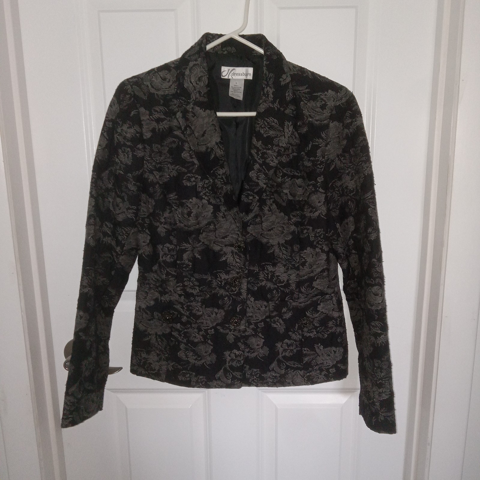 VTG Dress Barn Blazer Black Silver Floral Brocade Jacquard Sz 6 Filigree Buttons