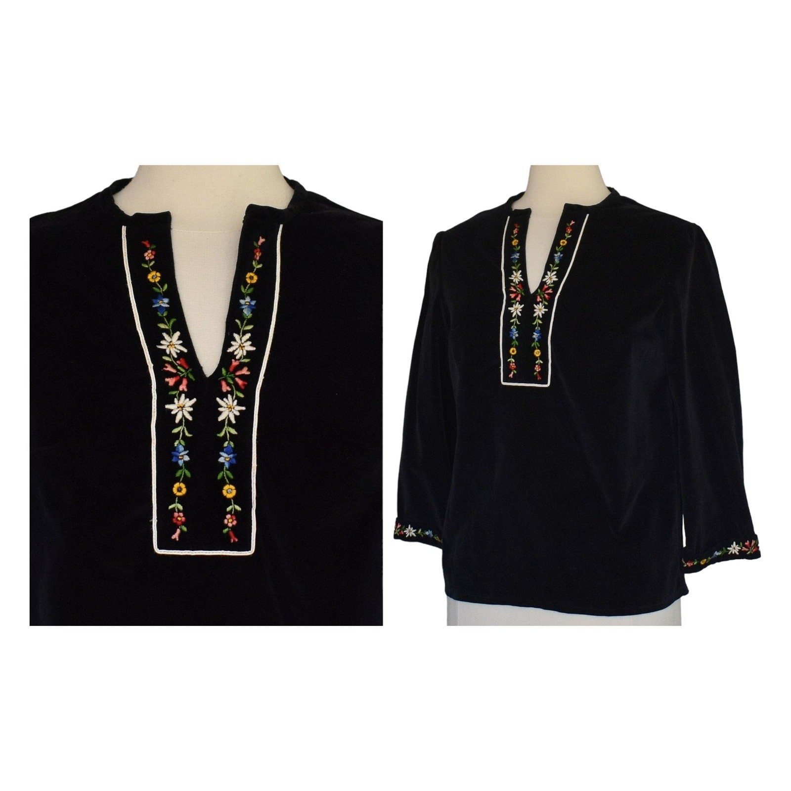 Vintage 70s Embroidered Black Velvet Blouse, Floral Embroidery, Boho, Size Small