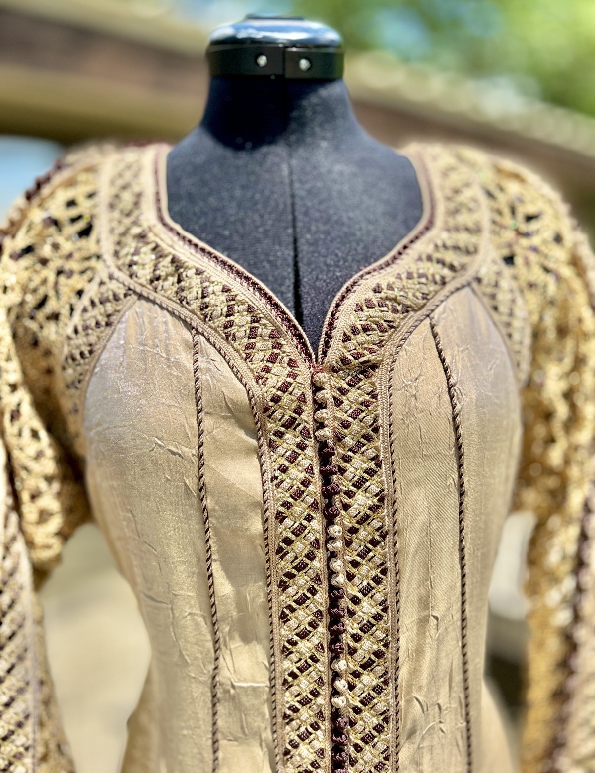 Vtg Moroccan Crepe Silk Kaftan Dress Large Gold Embroidery Sequins Handmade