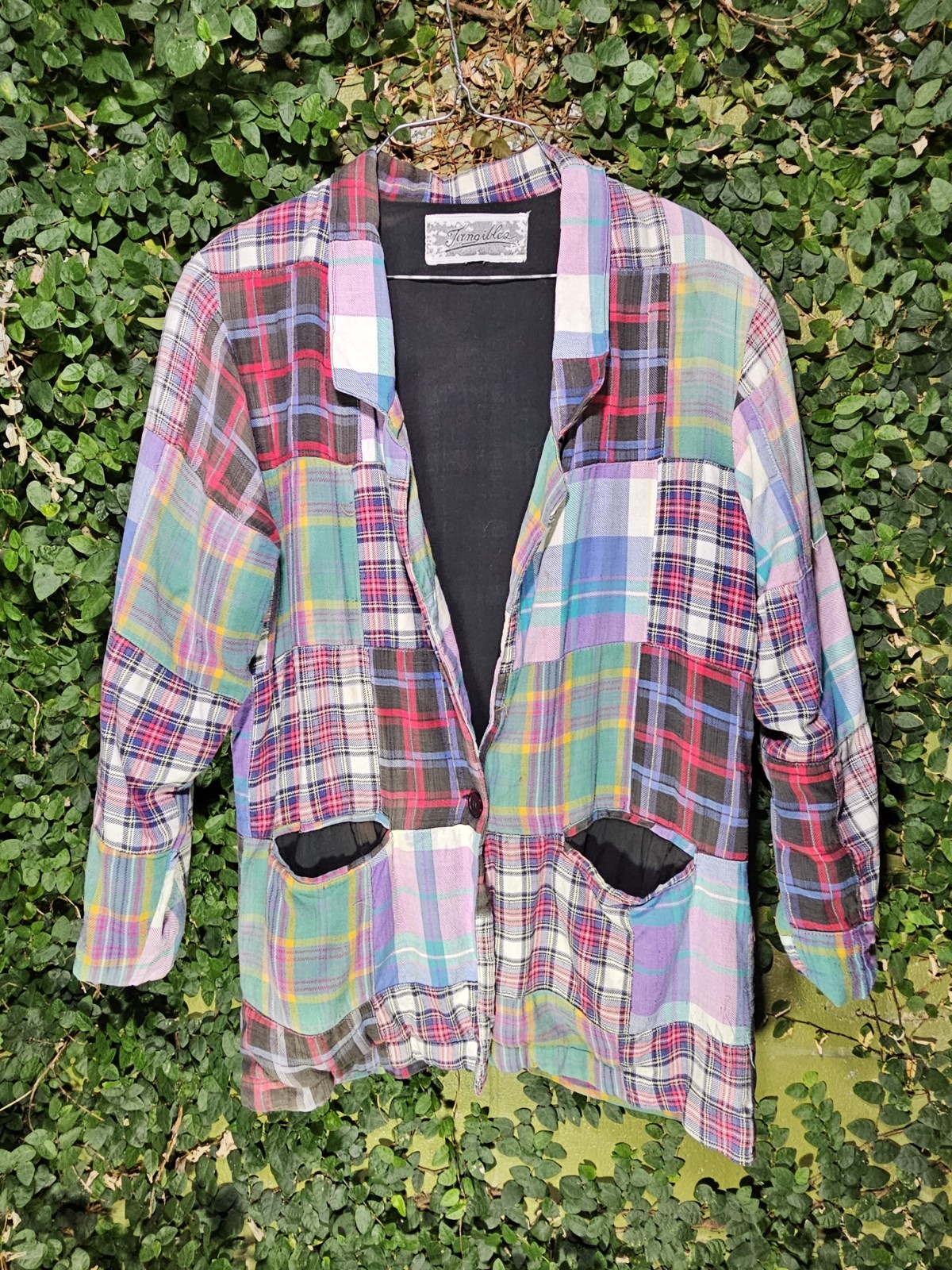 Vintage 80s Tangibles Patchwork Plaid Blazer Boho Preppy Sz M Jacket