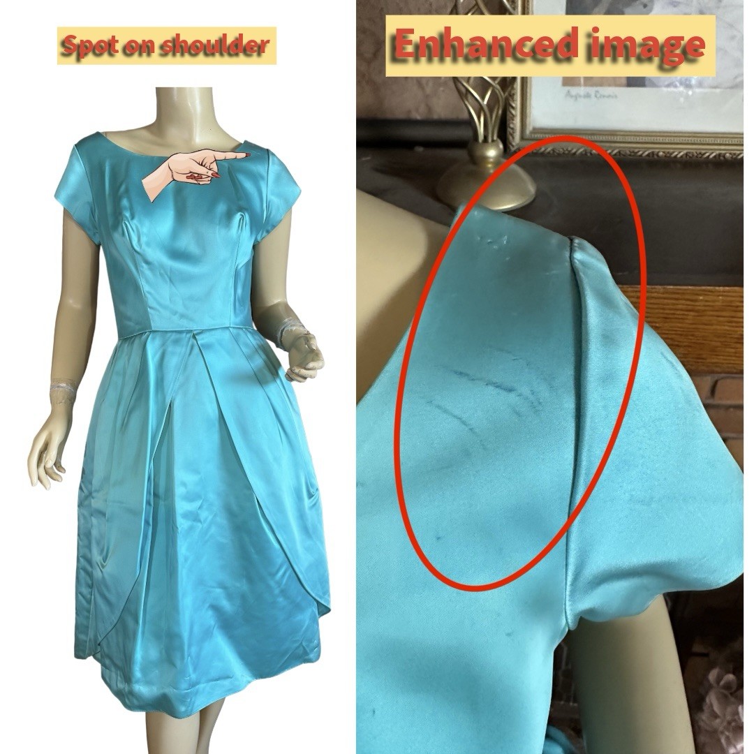 VINTAGE CIRCA 1950’S AQUA BLUE SATIN BUBBLE HEM PARTY DRESS SZ APPX SMALL