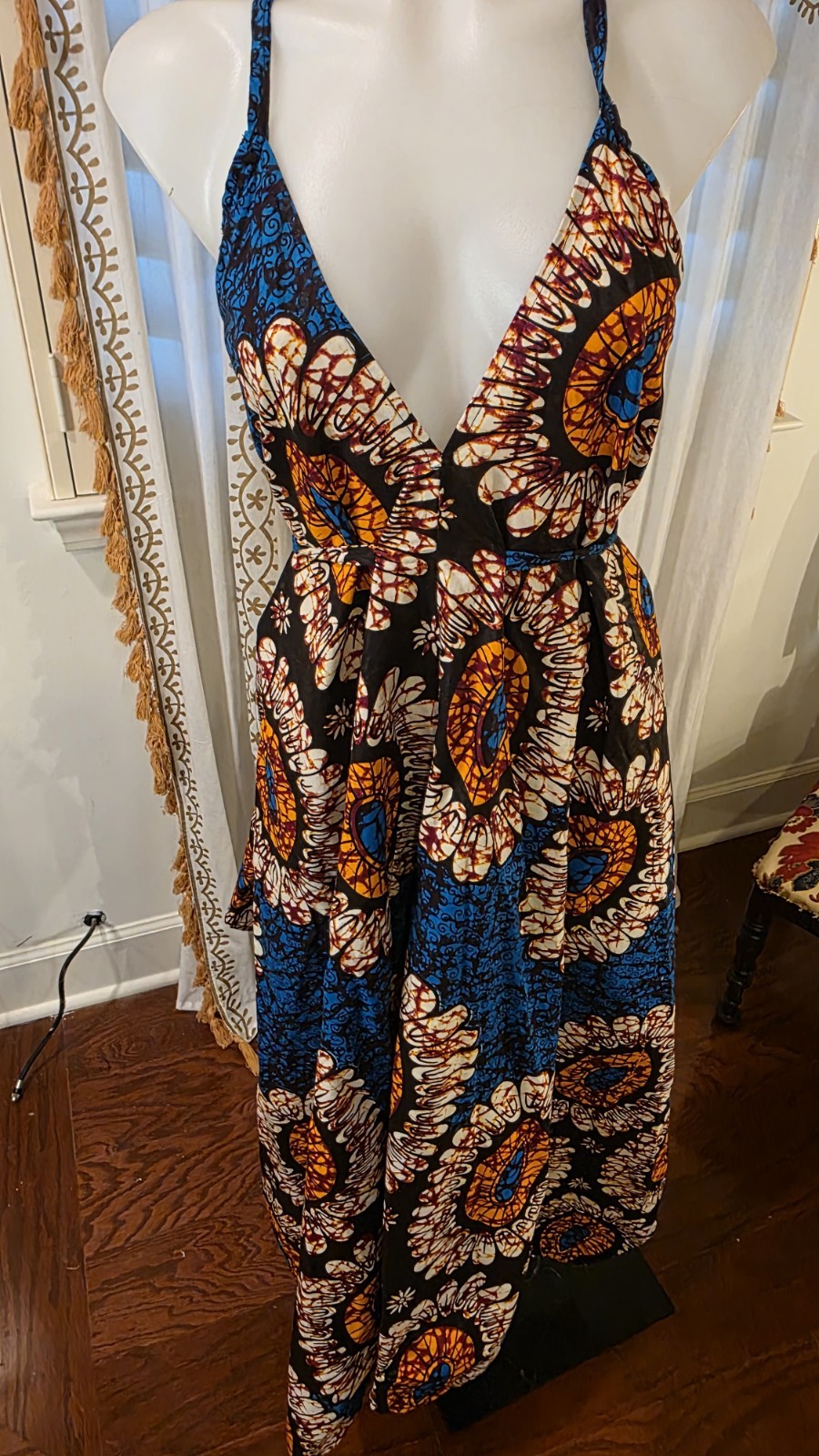 Handmade African Bombchel Multicolor Print Halter Maxi Dress Black Blue OS