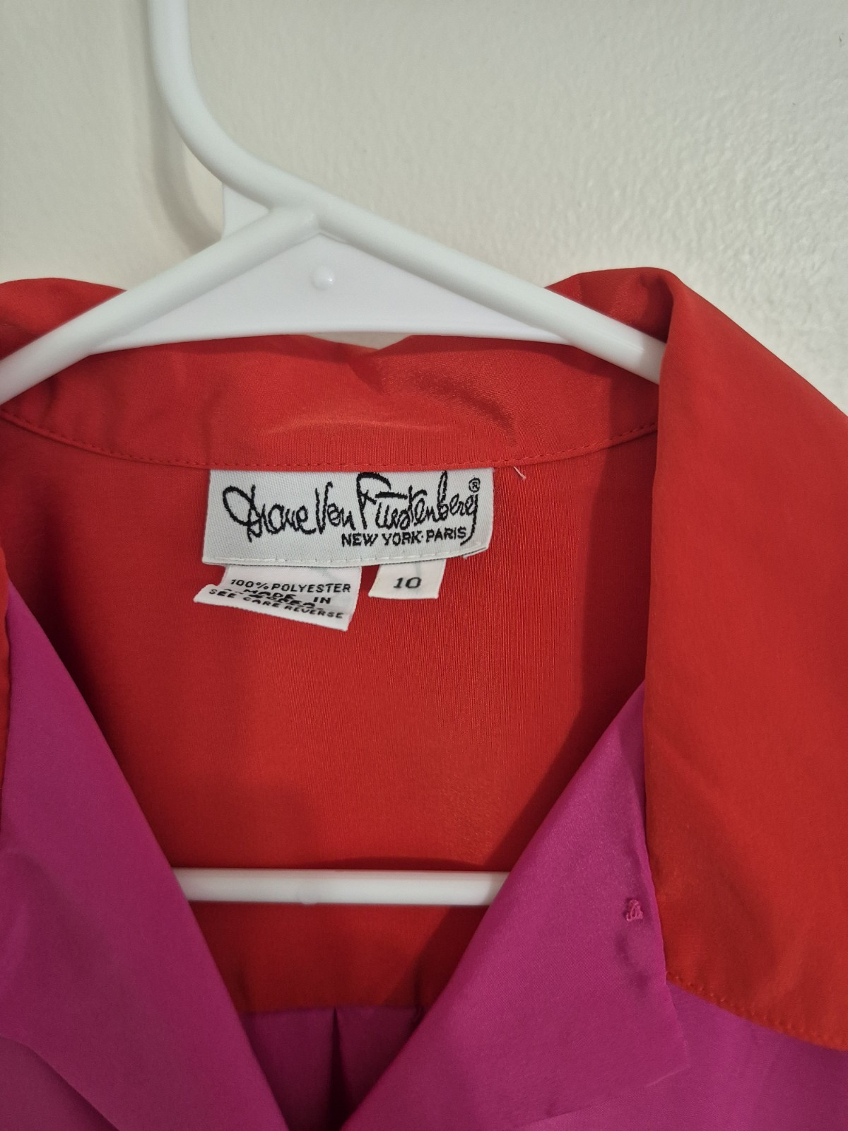 Vintage 80s Diane Von Furstenberg Colorblock Shirt Top Pink Red Yellow Sz 10 M