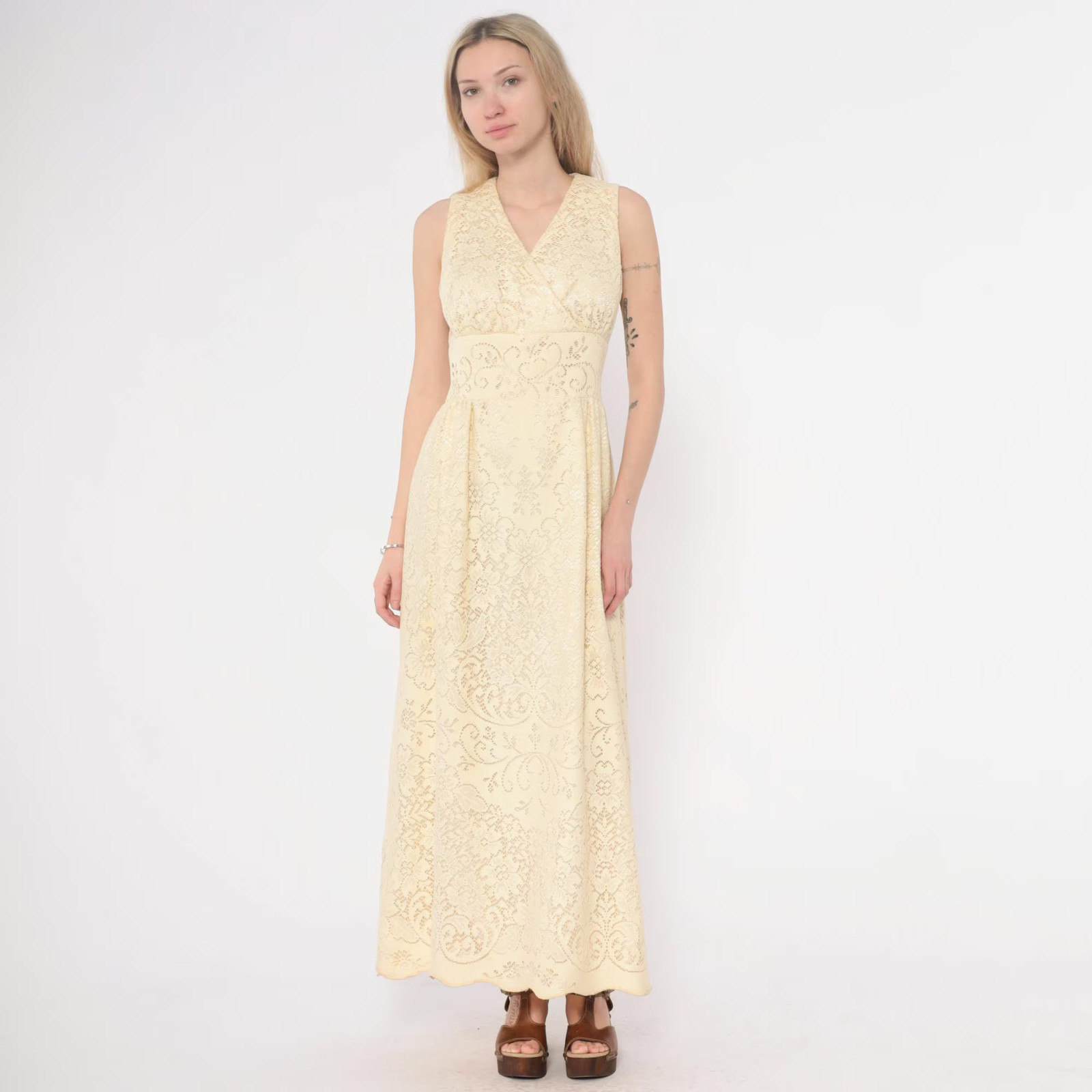 70s Bohemian Wedding Dress Lace Maxi Dress Cream Ivory V Neck Sleeveless Empire