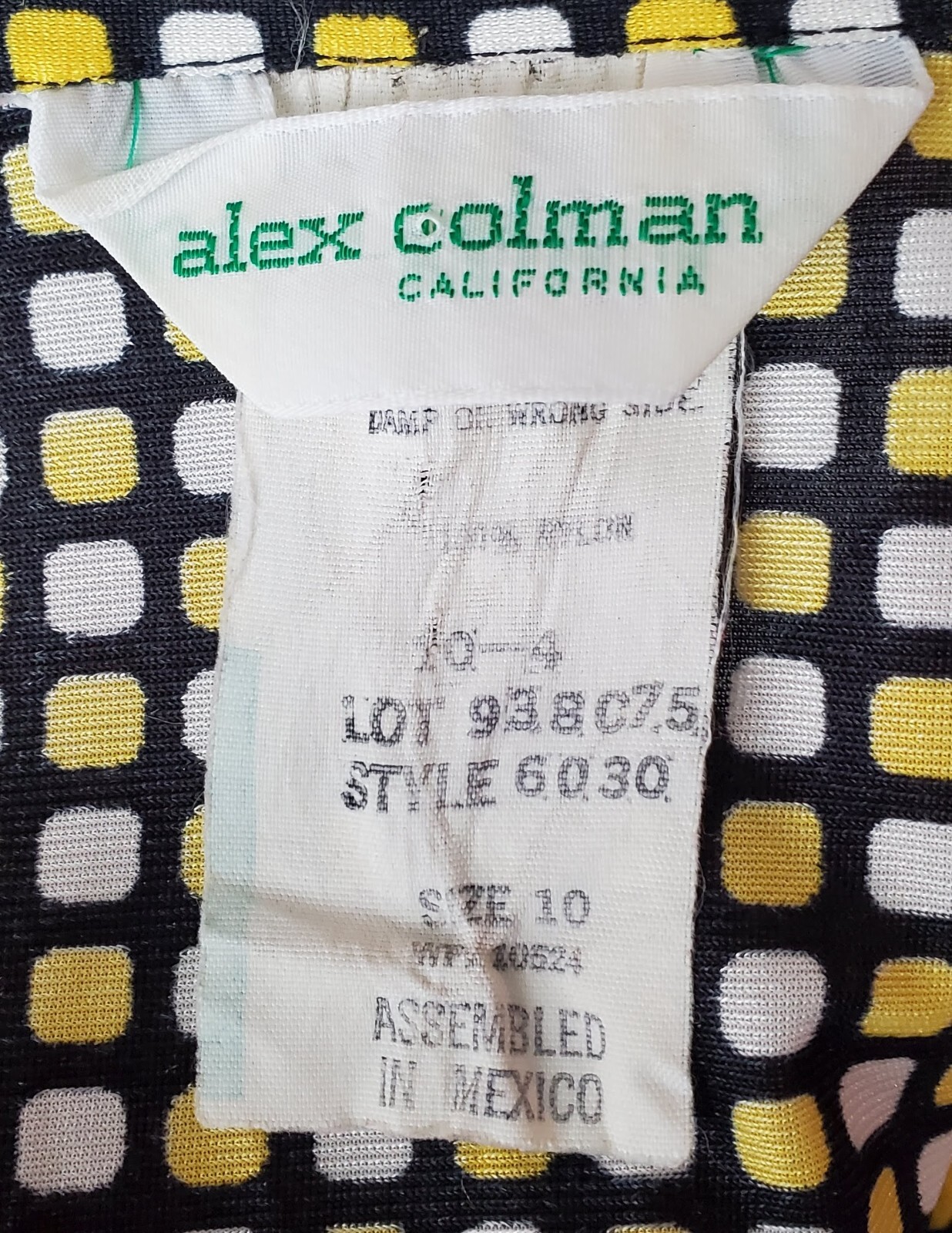 Vintage Alex Colman Top – Size 10 – Black, Yellow, & White Print