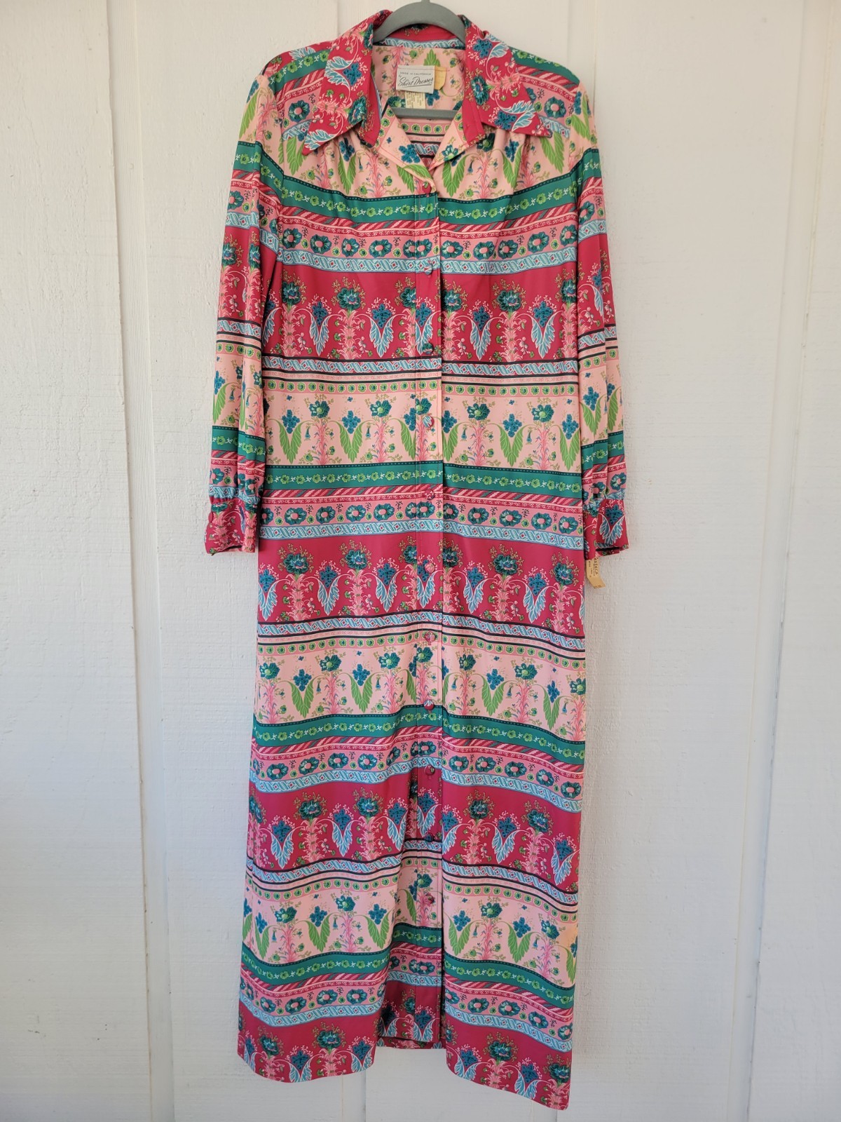 Vintage 70s Boho Floral Maxi Shirtdress NOS Deadstock Belted Size 16 Festival