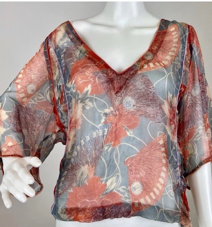 Vintage 1990s Y2K Diesel Japanese Fans & Floral Print Silk Chiffon Blouse Sz XS