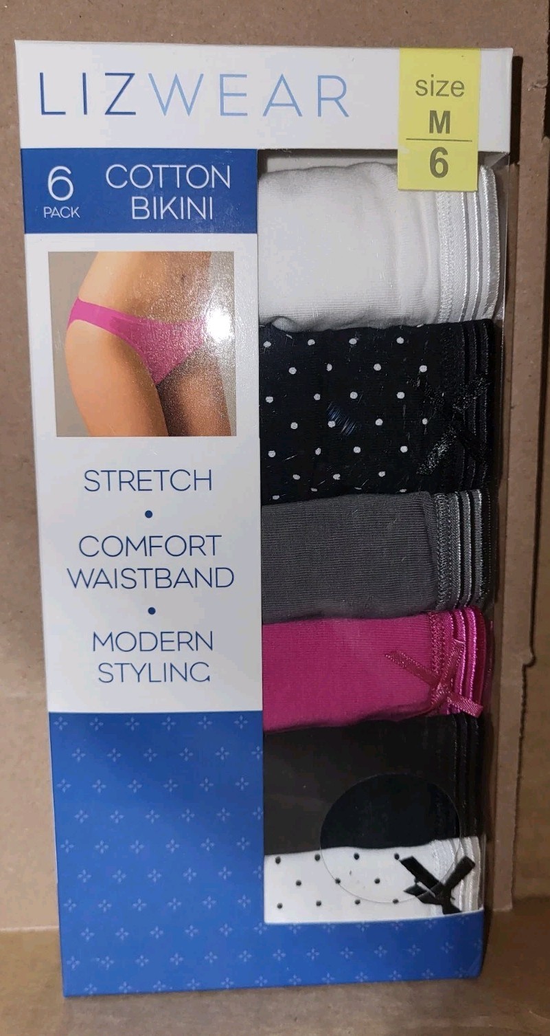 Lizwear 6 Pack Modern Styling Bikini Panty White Dot Size Medium 6