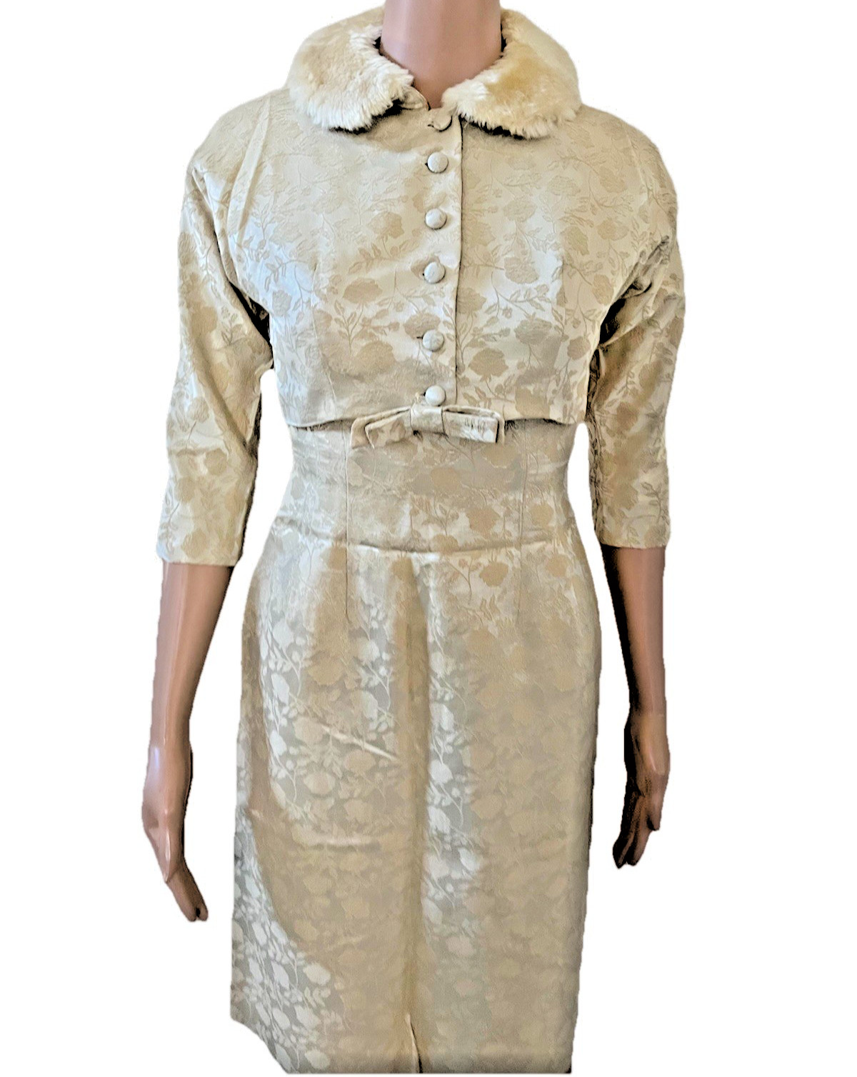 VTG 50s 2 Pc Fur Collar Crop Jacket & Ivory Damask Pencil Dress Suit Set Small**