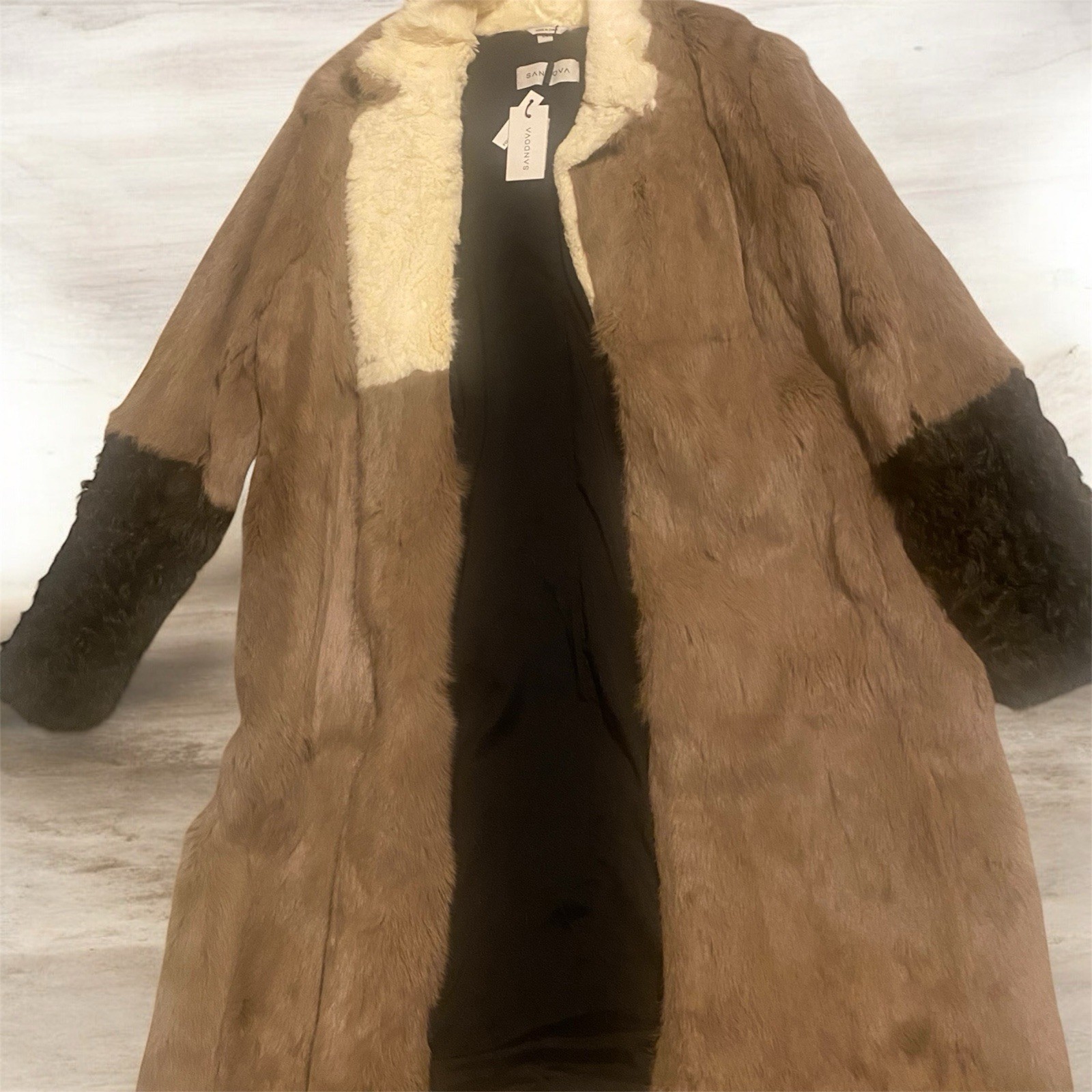 SANDOVA Vintage Brown Fur Coat Black Sleeves Cream Collar Women’s Regular