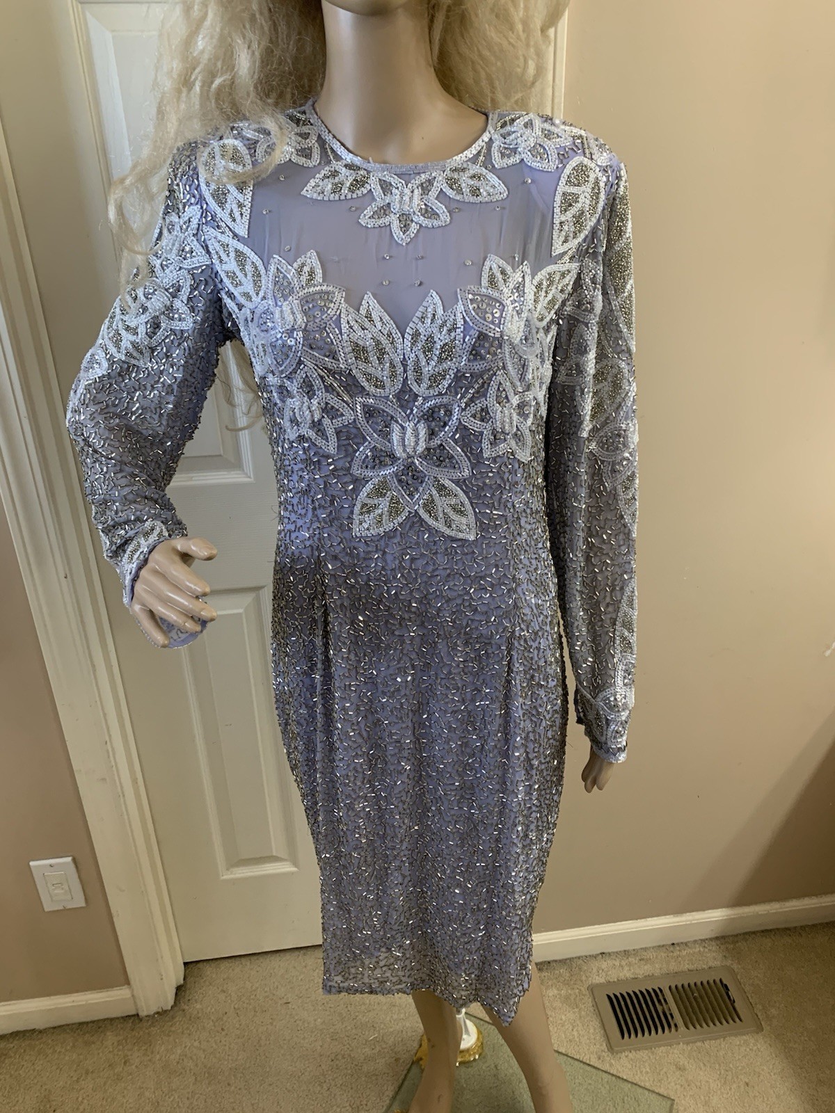 Vintage 80’s Lavender Purple Silver Sequin White Beaded Formal Church Dress
