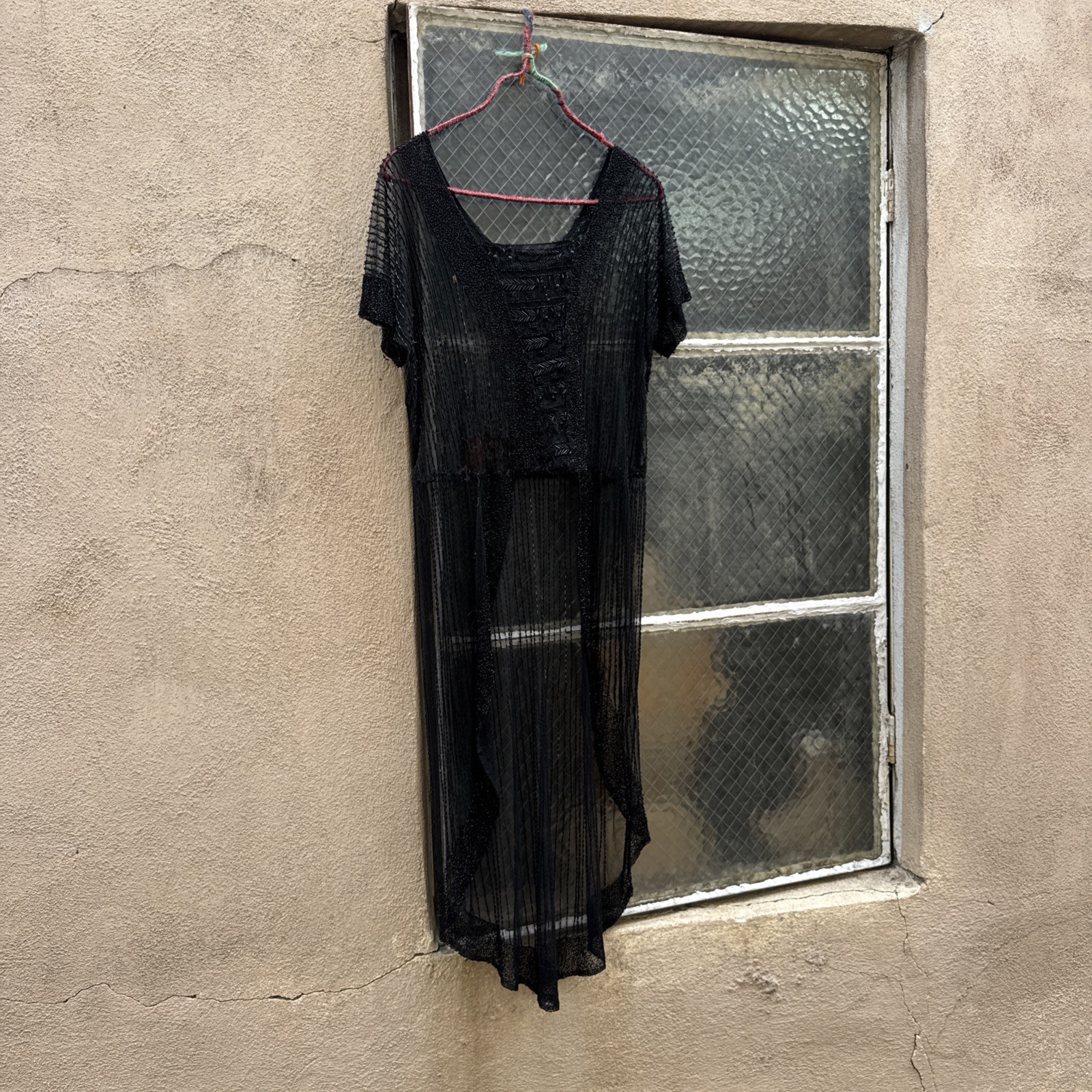 Antique 1920s Black Net Heavily Beaded Dress Train Short in Front Floral Vintage