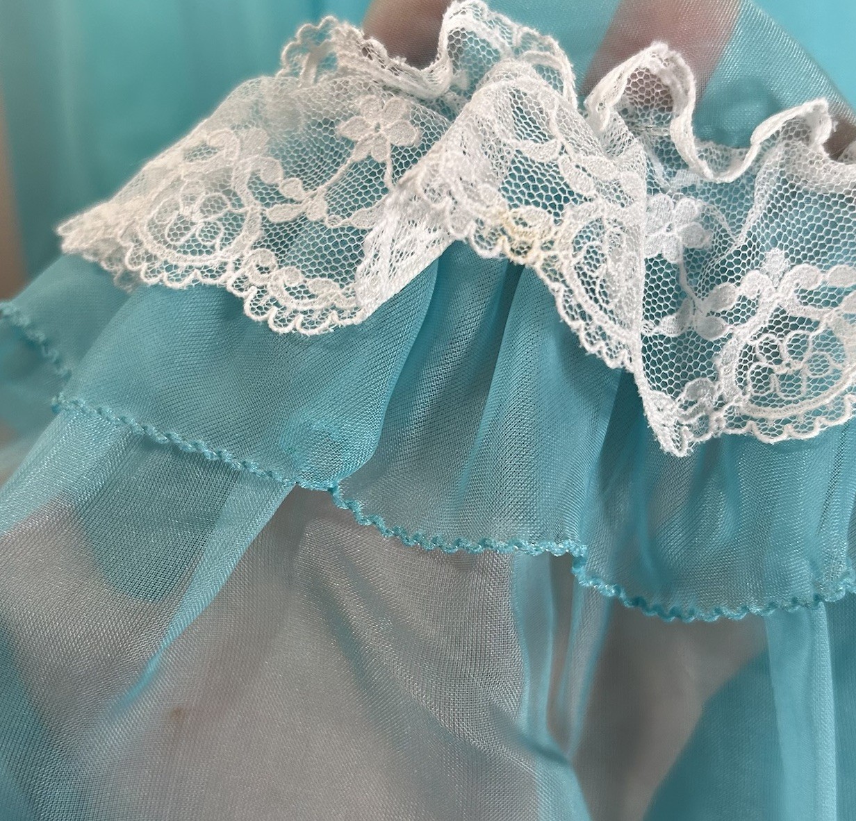 VTG 70s/80s Mike Benet Southern Belle Prairie Aqua Lace Organza Maxi Dress Sz S