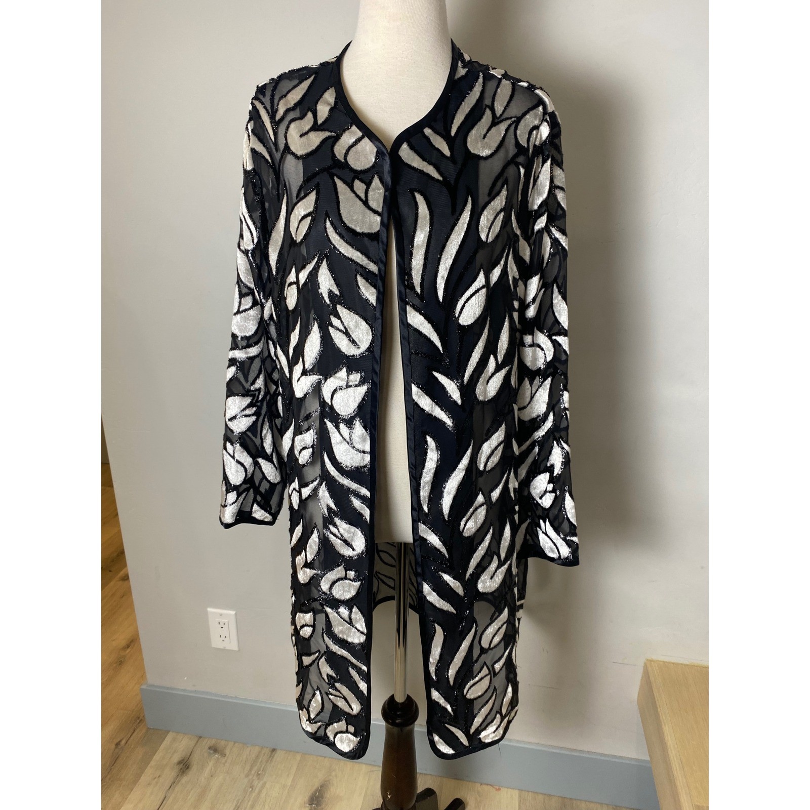 Victor Costa Occasion Vintage 90s Burnout Velvet Floral Duster Jacket Silver L
