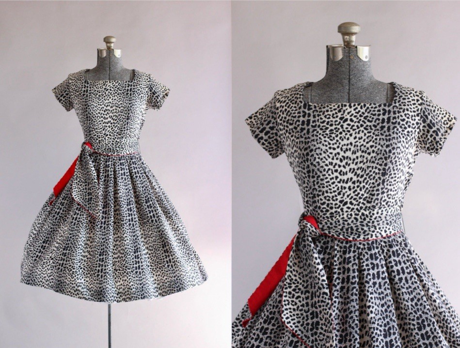 Vintage 1950s Peggy Page Cheetah Print Dress w/ Original Waist Tie S