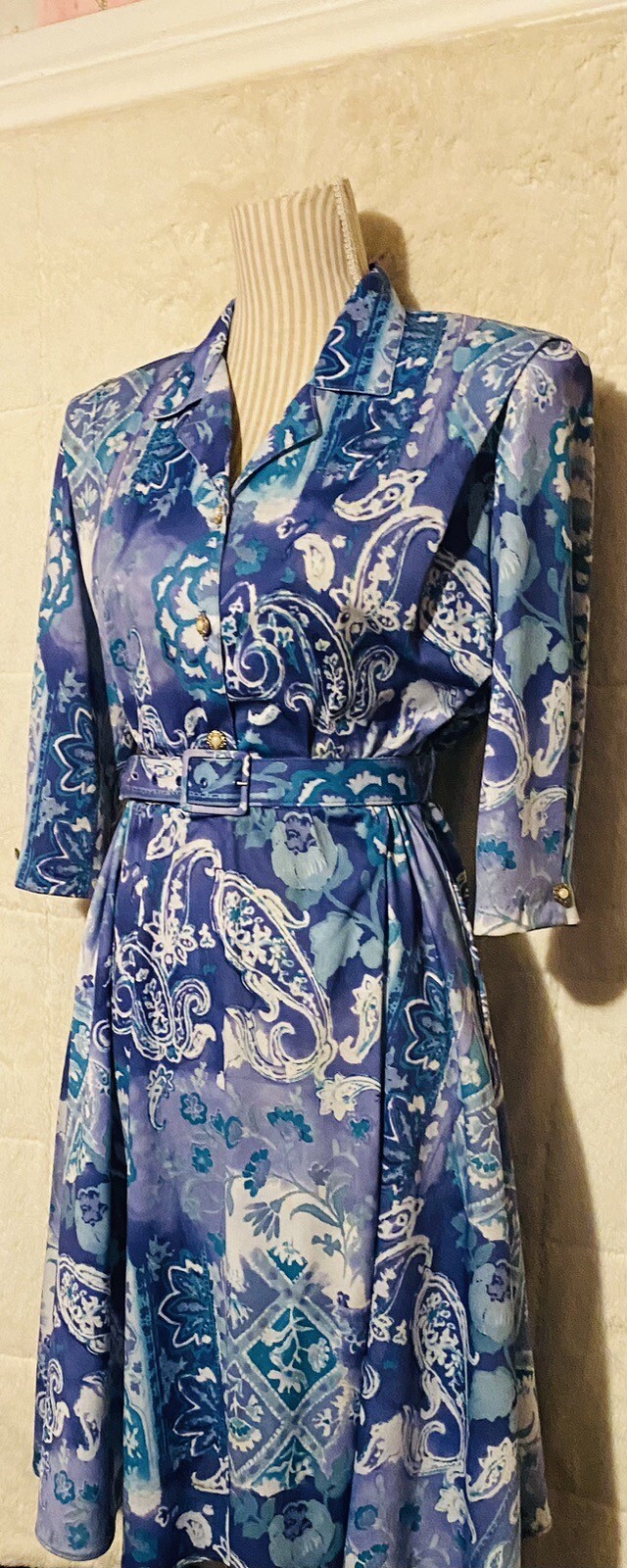 VTG 70s 80s California LOOKS Floral Paisley Belted Tea Day Dress Blue Women’s 8P
